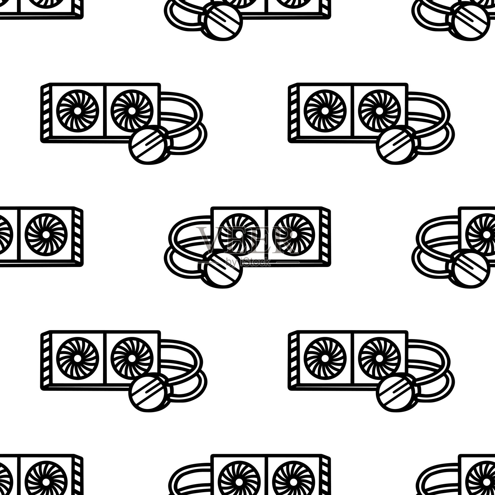 卡通涂鸦电脑CPU液体冷却器无缝图案。插画图片素材