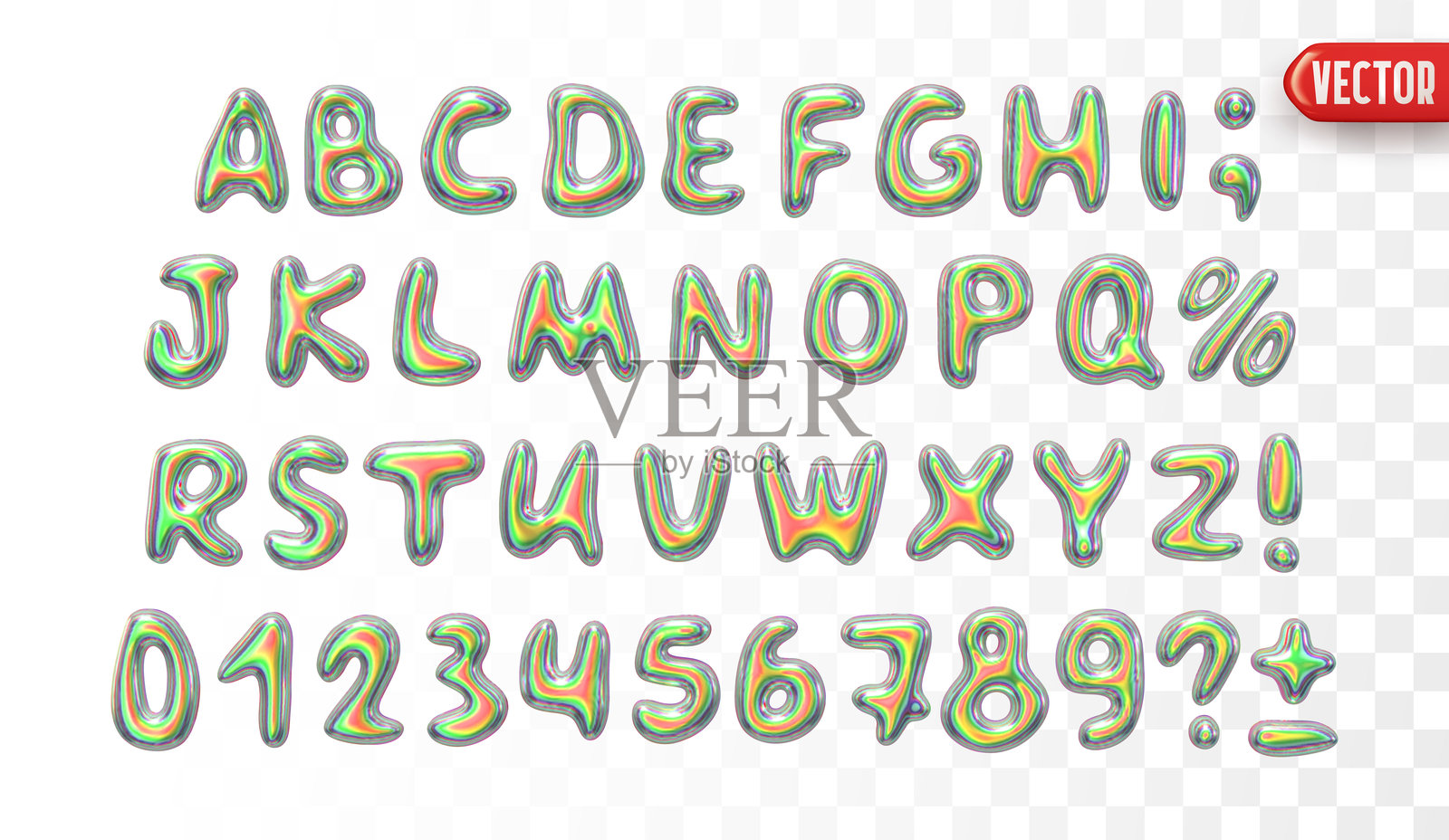 金属色调的全息字体集，真实的3D设计，包含大写字母、数字和特殊字符。液态金属铬形状的字母表。矢量插图插画图片素材