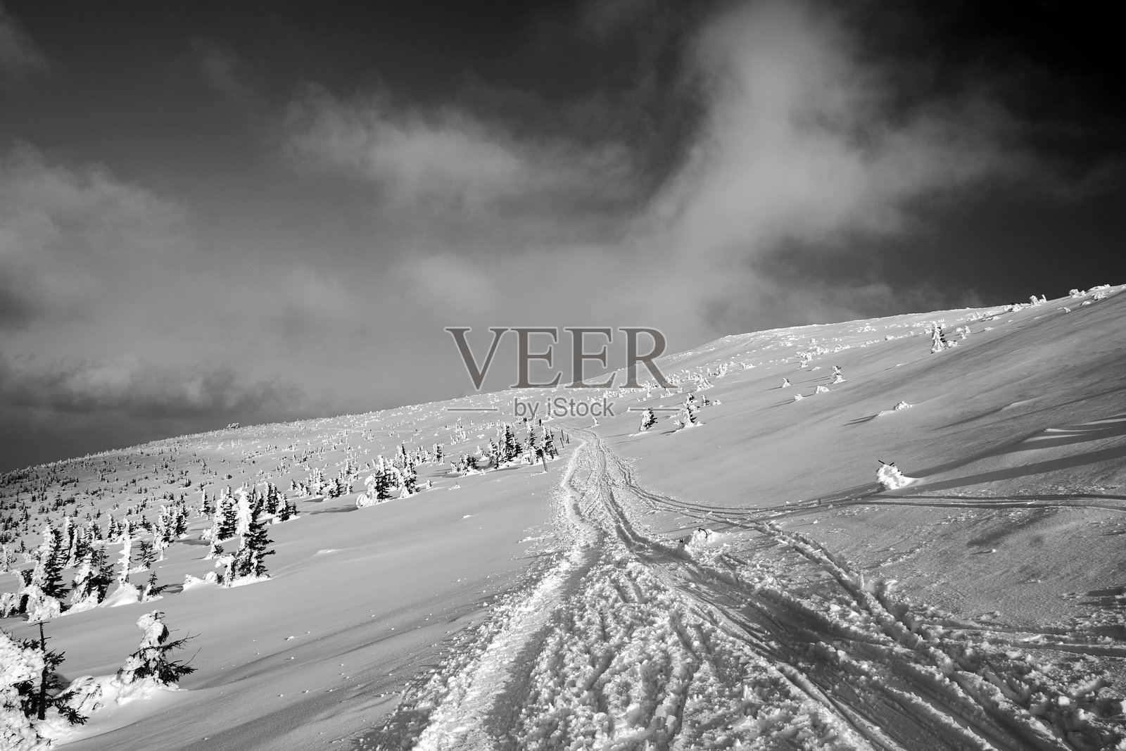 巨山中的雪覆盖旅游小径照片摄影图片