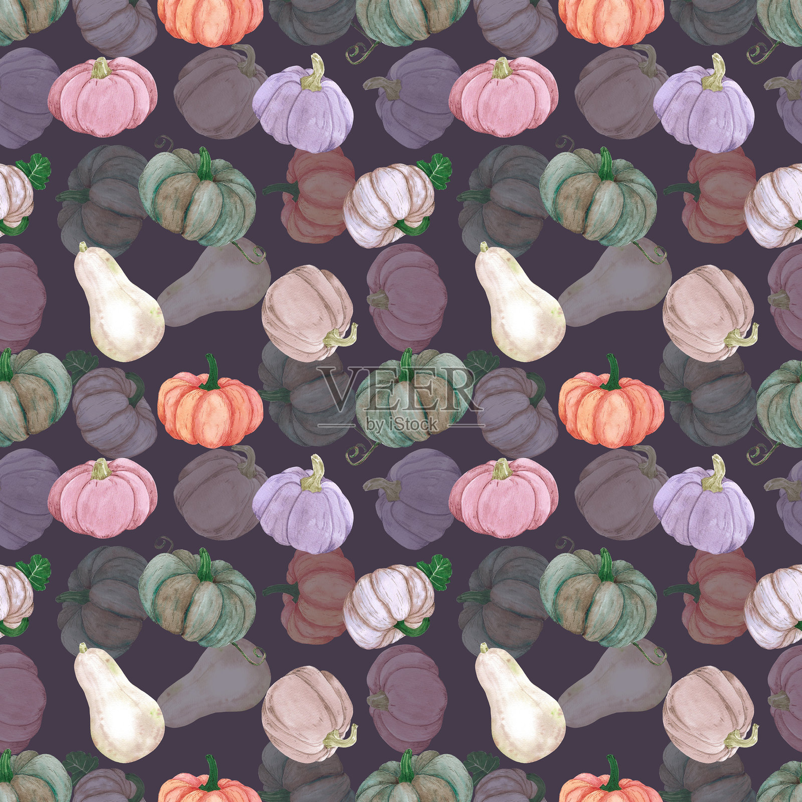 手绘水彩秋季南瓜无缝图案，背景为白色。乡村插图，可用于纺织品、布料、剪贴簿及其他印刷产品。照片摄影图片