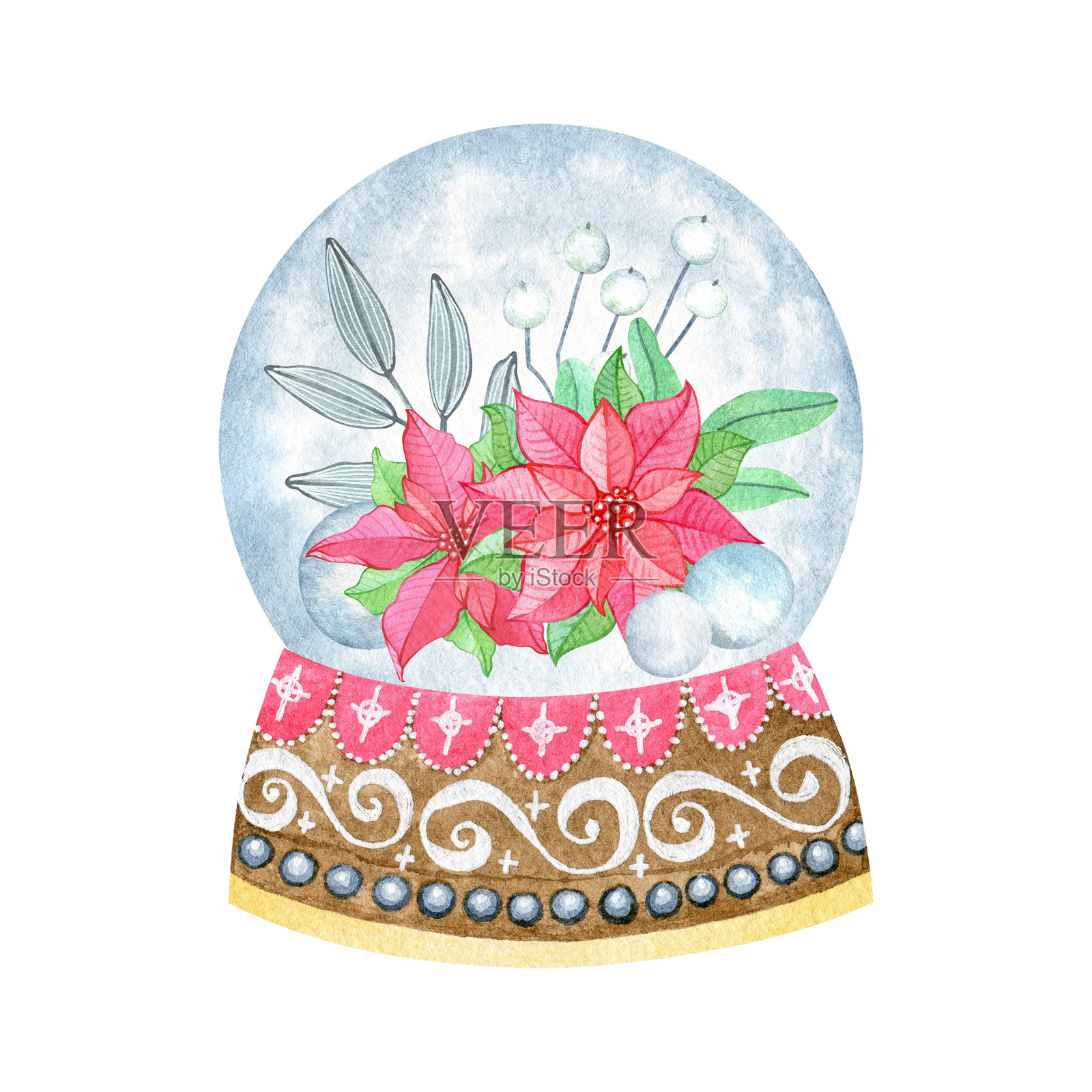 水彩复古雪球与冬季装饰组合。魔法球。圣诞气氛。照片摄影图片