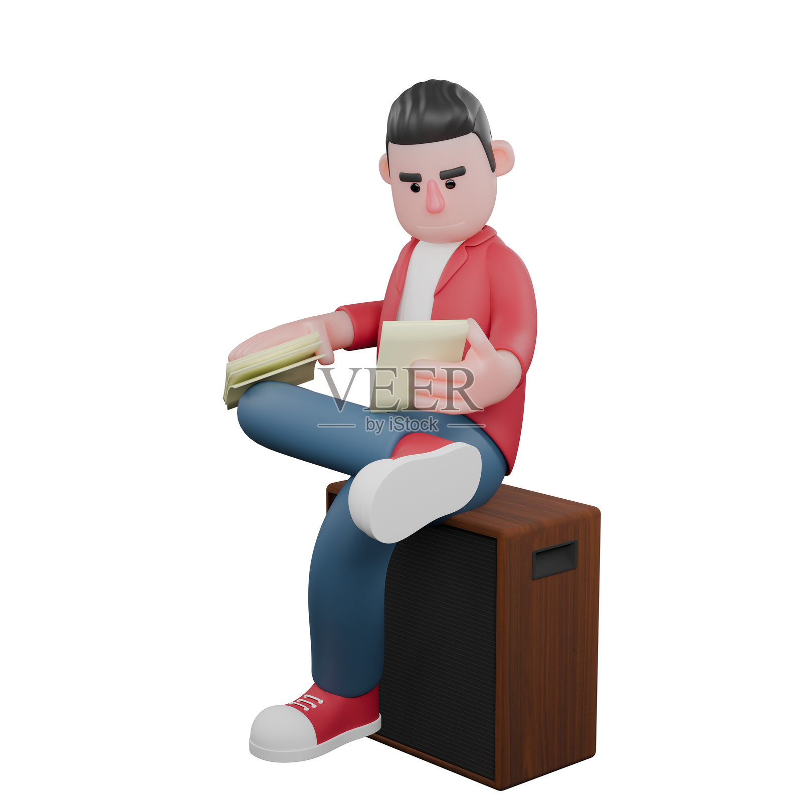 卡通男性音乐家角色。一位男性歌手坐在音响上，双手握着纸张。音乐艺术家照片摄影图片