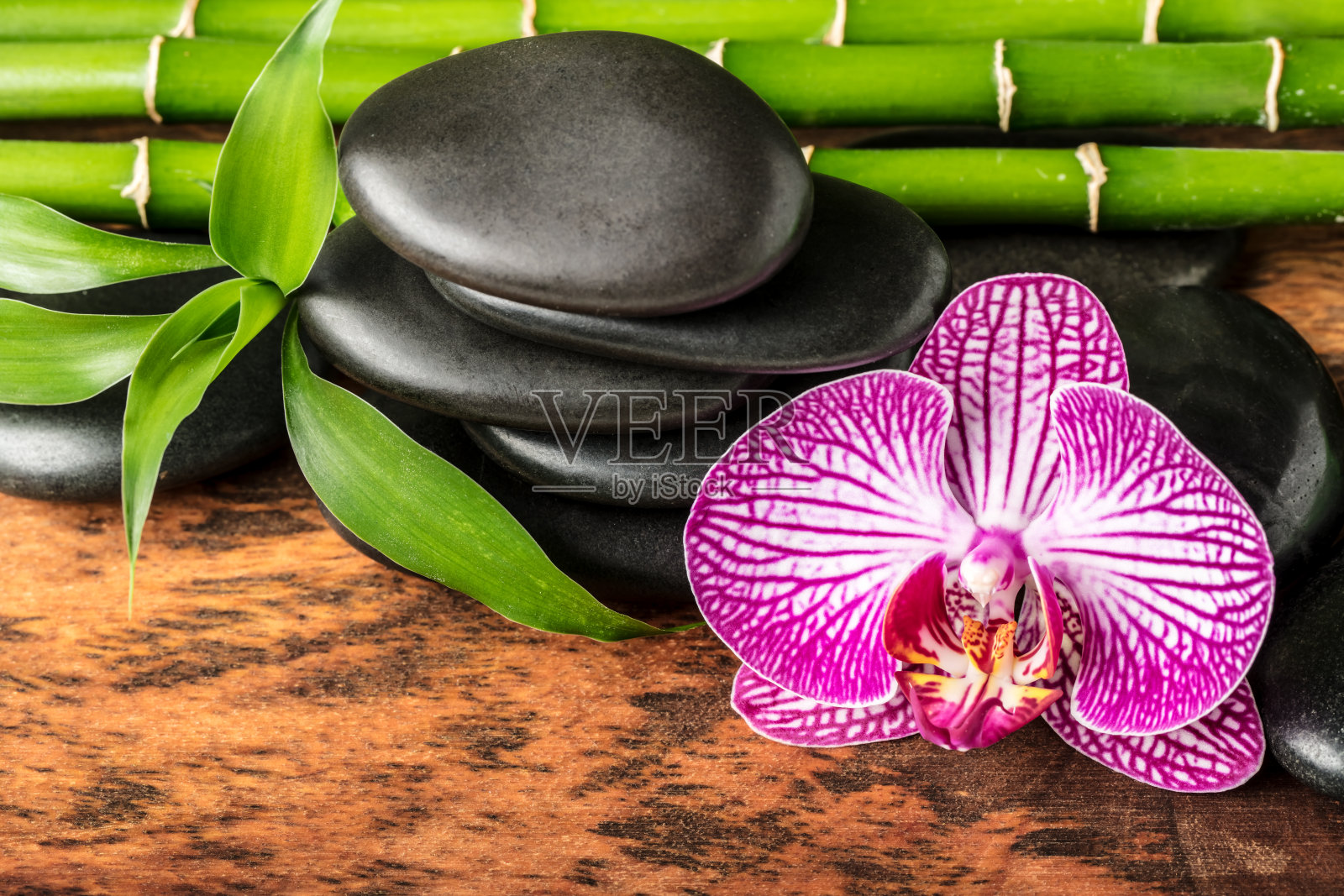 水疗概念 - 黑色按摩石、兰花和竹子在芒果木表面上照片摄影图片