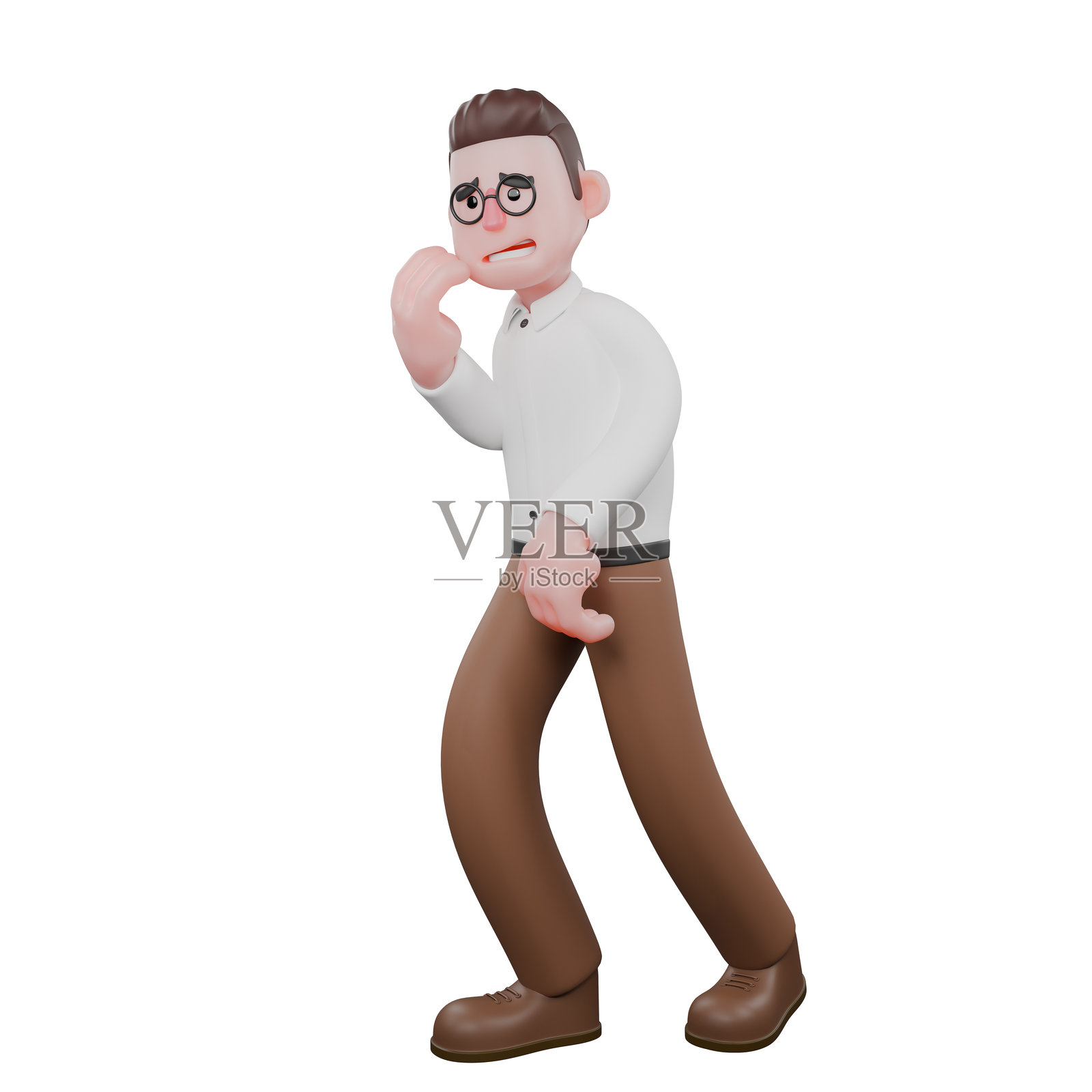 男性社会规划师插图。一位男性社会学家一边走路一边咬着手指。社会漫画。照片摄影图片