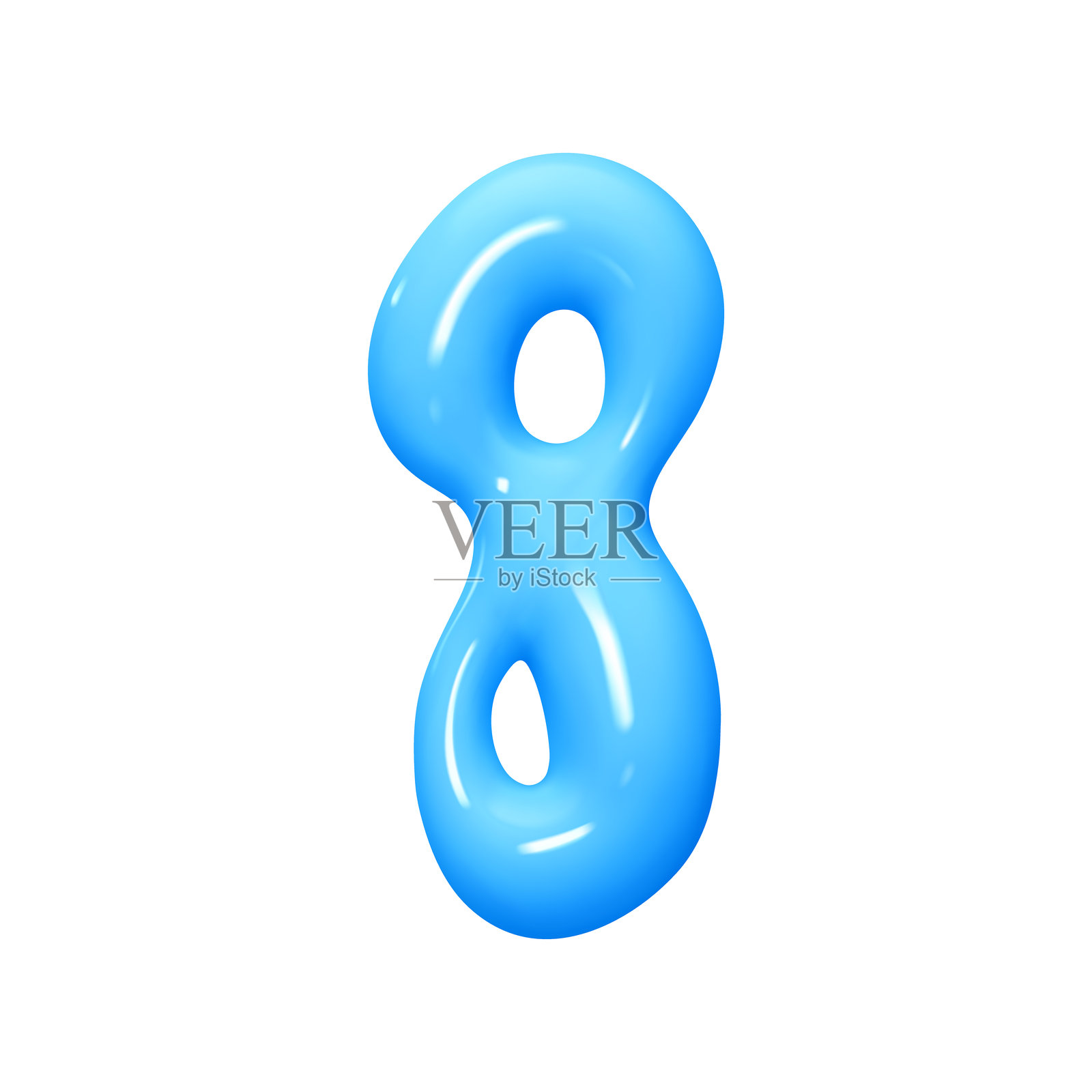 数字8。蓝色的数字标志。逼真的3D设计，采用卡通液态涂料风格。背景为白色。矢量插图。插画图片素材
