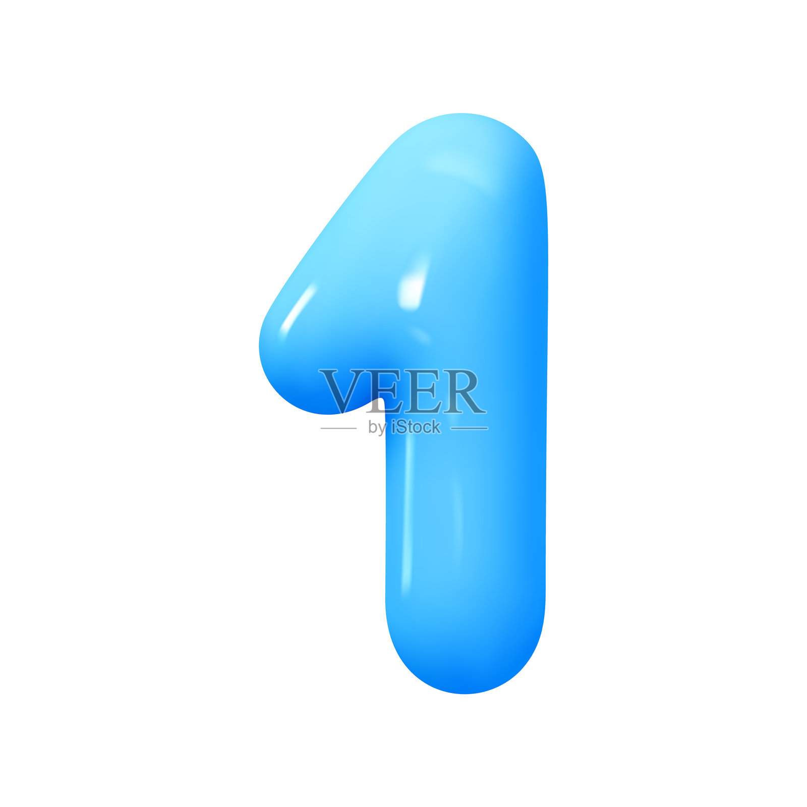 数字1。蓝色的数字符号。逼真的3D设计，卡通气球风格。白色背景上独立展示。矢量插图。插画图片素材
