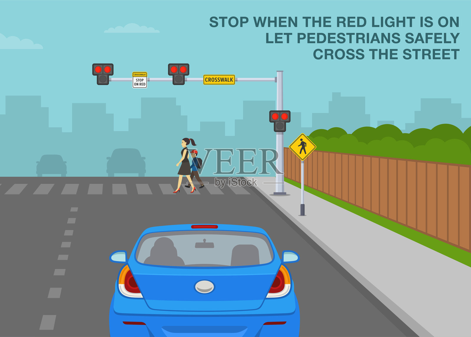 安全驾驶提示和交通规则。女性角色牵着孩子的手在斑马线上过马路。红灯亮时停车。矢量插图模板。插画图片素材