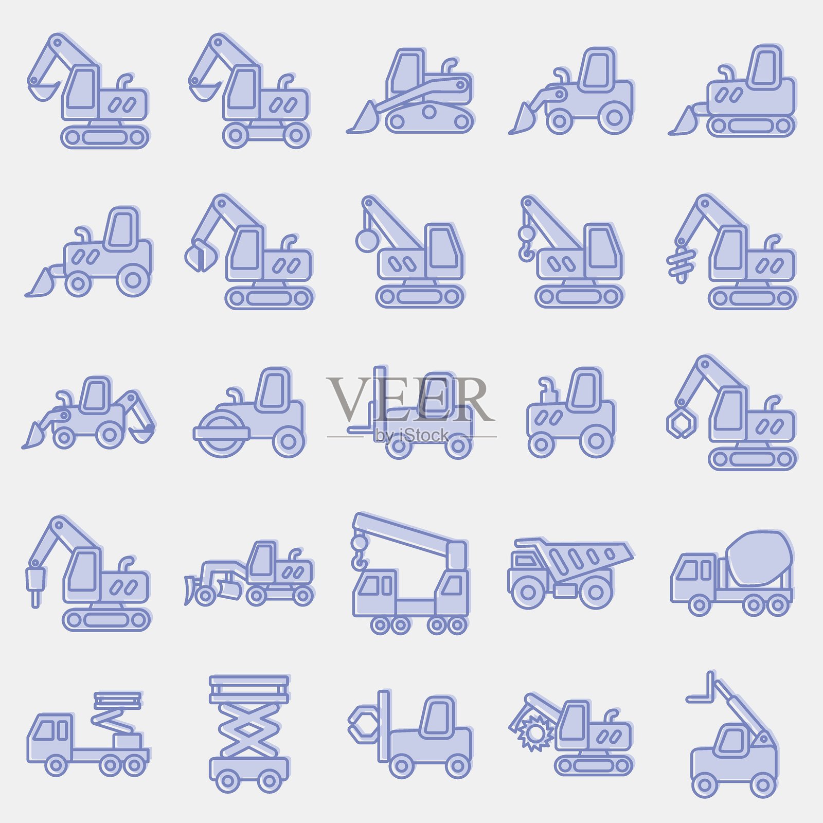 重型设备图标集。重型设备元素。双色风格的图标。适合用于印刷品、海报、标志、信息图表等。插画图片素材