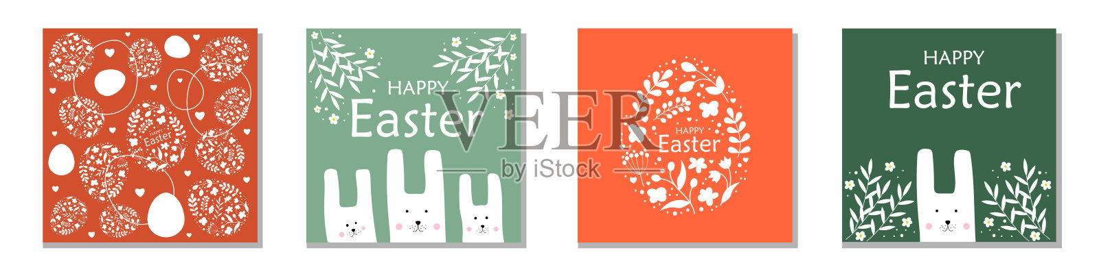 复活节快乐贺卡套装。设计包含彩绘蛋、兔子和各种春季植物。矢量插图。插画图片素材