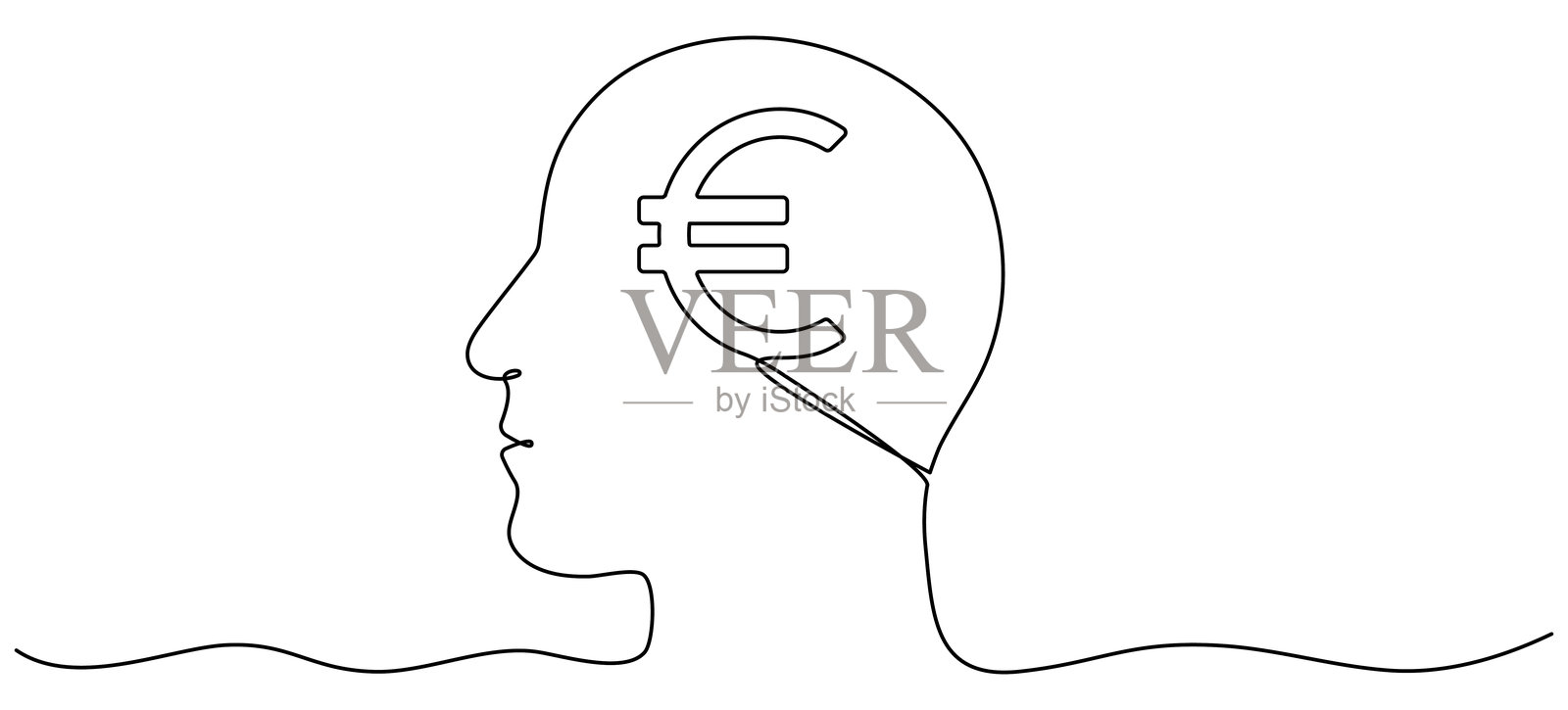 连续线条绘制的头部，内部有欧元符号。插画图片素材