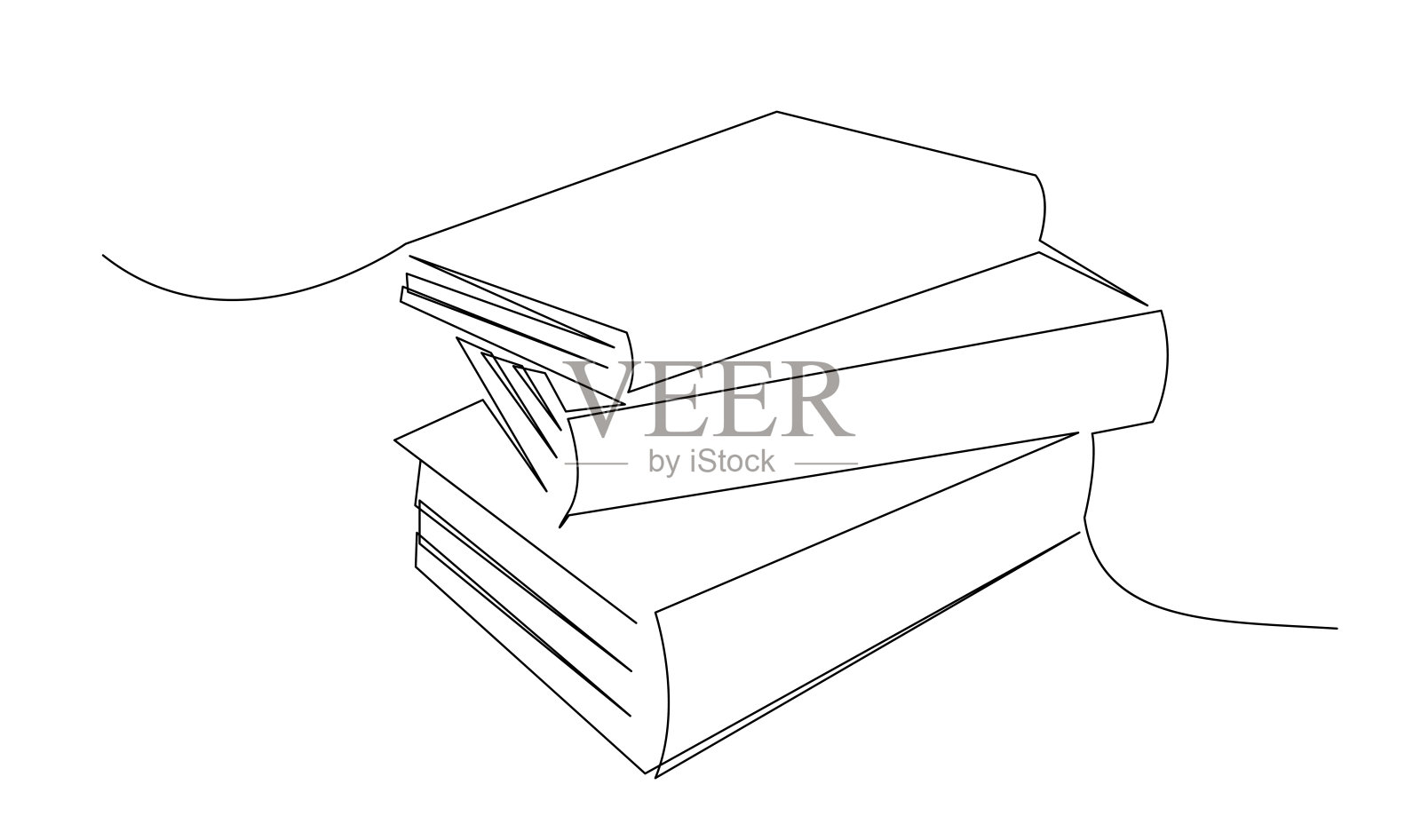 连续线条艺术绘制的书。打开的书单线条艺术绘制矢量插图插画图片素材