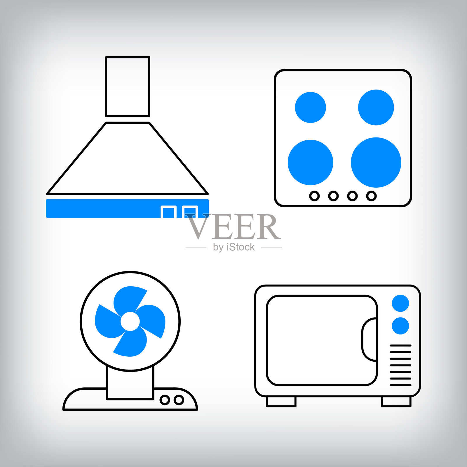 线性风罩、烤箱、炉灶和风扇图标集。插画图片素材