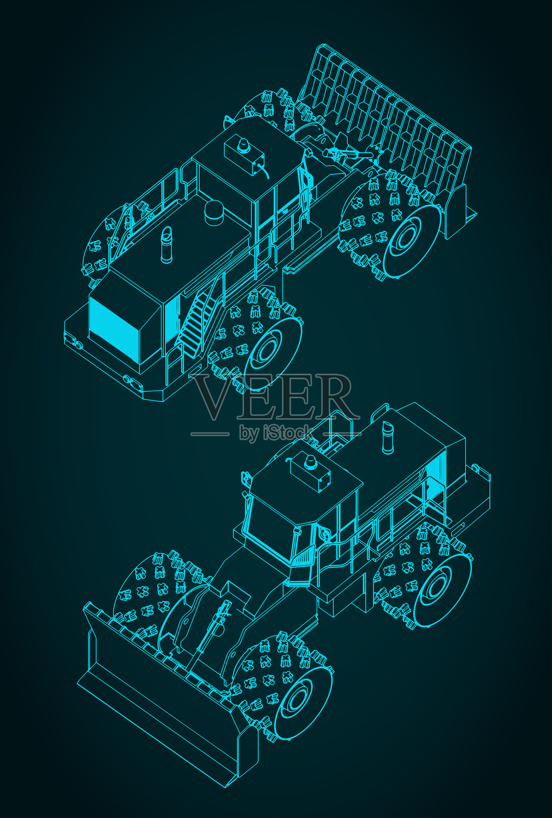 垃圾填埋场压实机等轴测蓝图插图插画图片素材