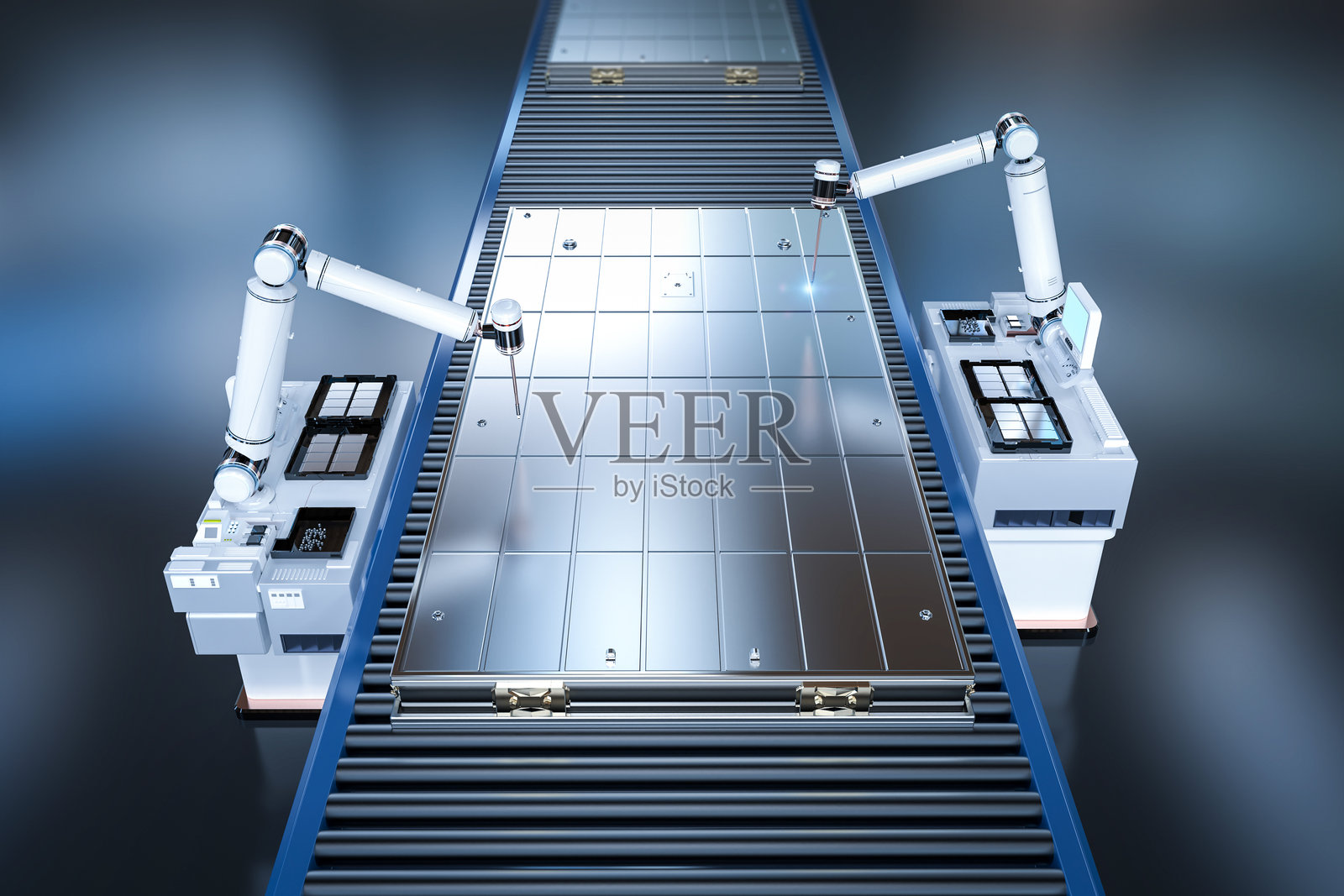 由机器人手臂生产的可充电锂离子电池照片摄影图片