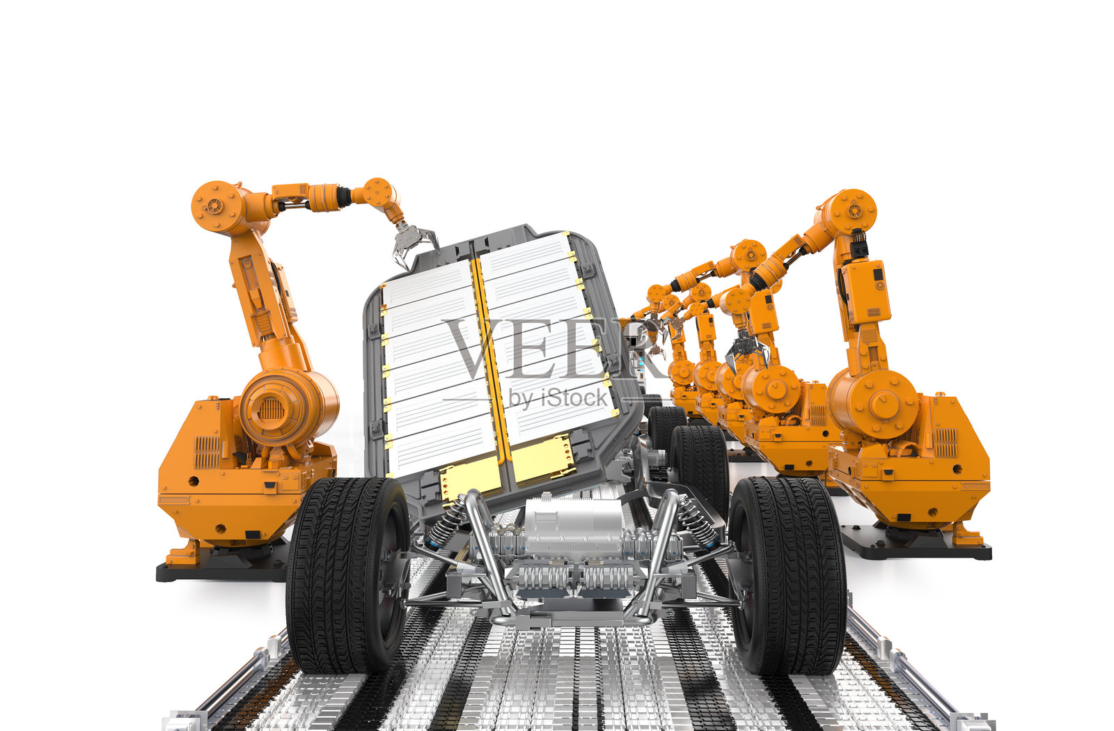 机器人装配线，电动汽车电池在底盘平台上照片摄影图片