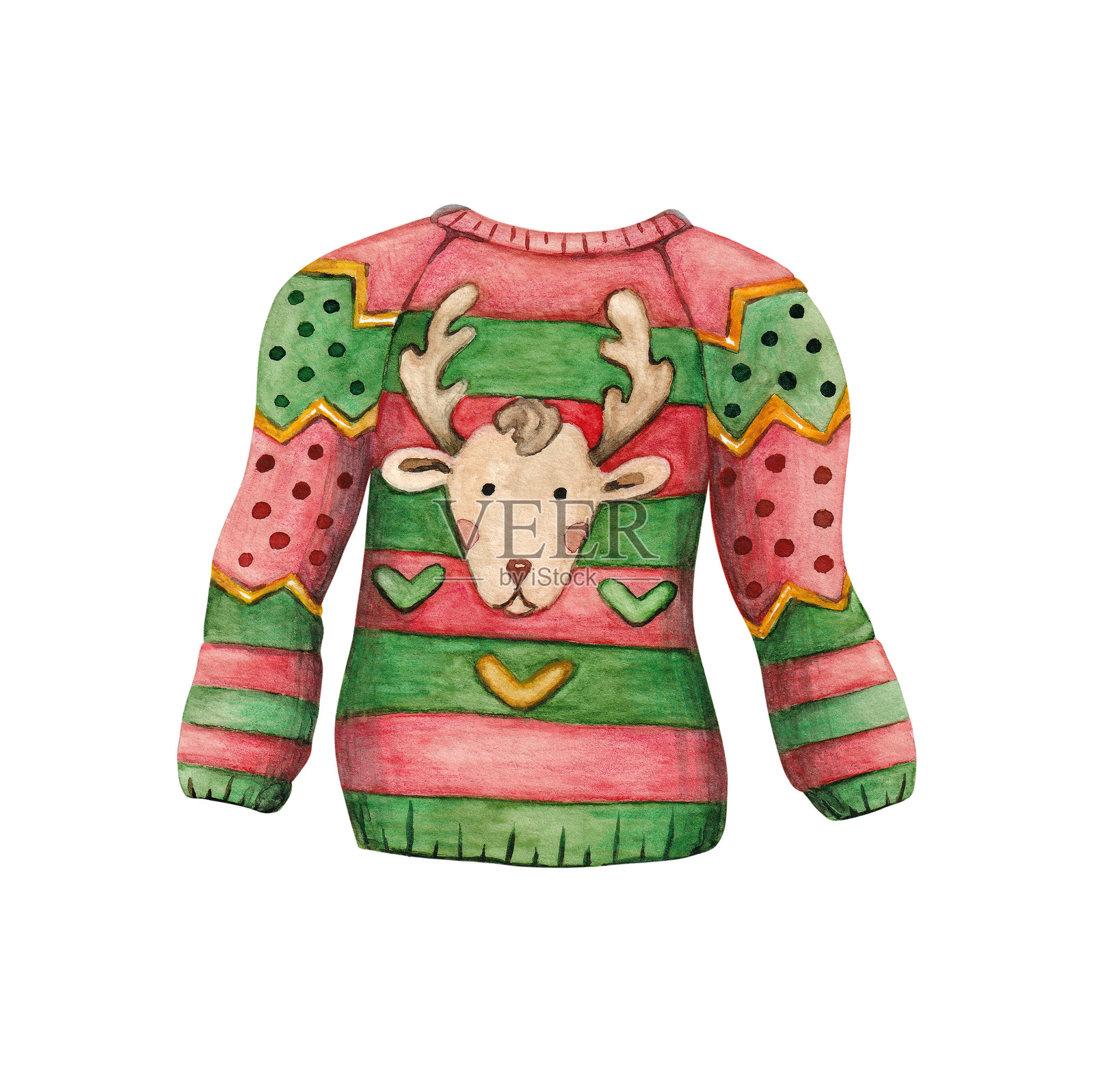 水彩插图，描绘了一件丑陋的圣诞毛衣，上面有一只鹿头。照片摄影图片