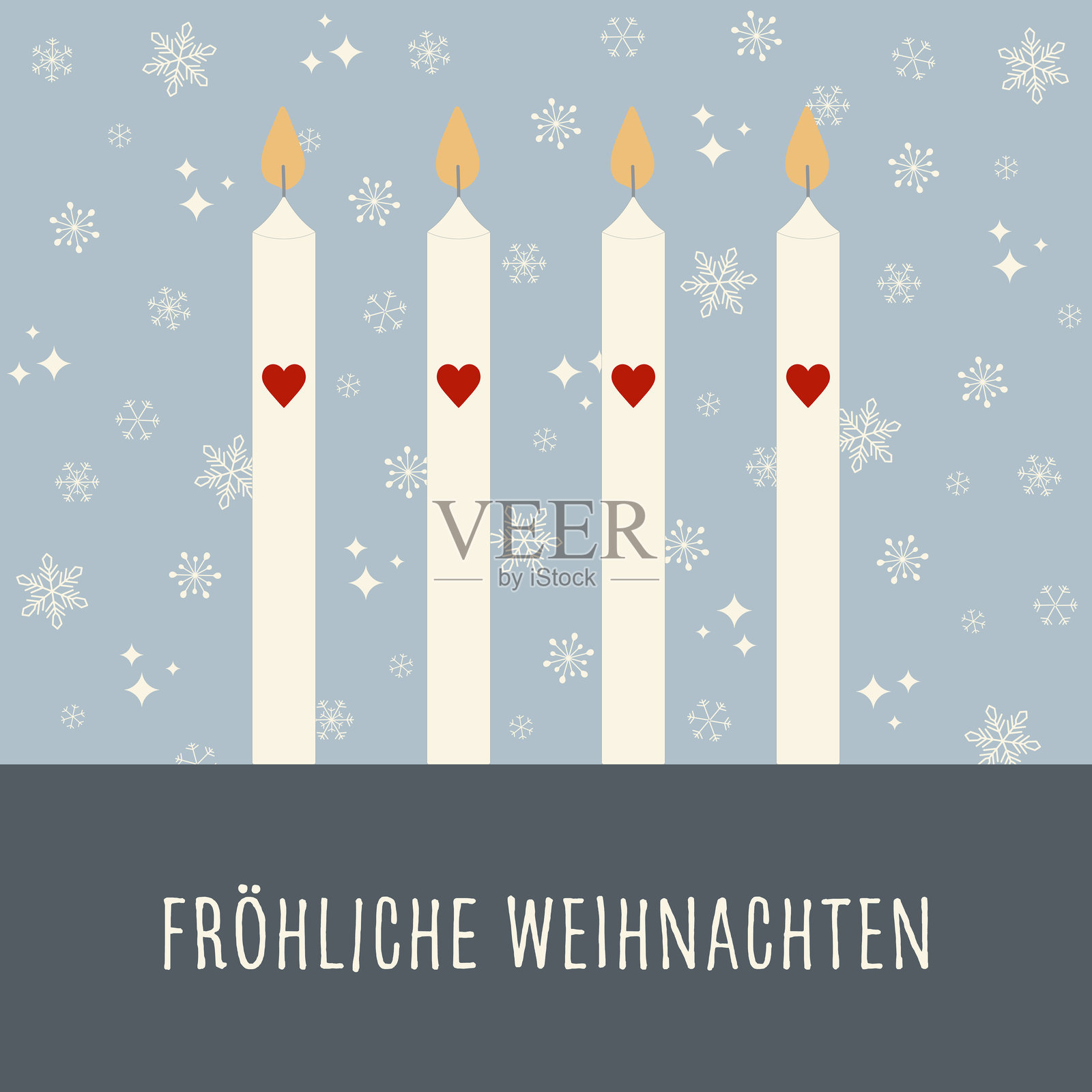 快乐的圣诞节 - 德语文本 - 圣诞快乐。方形贺卡上有四根蜡烛，前面有心形图案，背景是雪花。插画图片素材