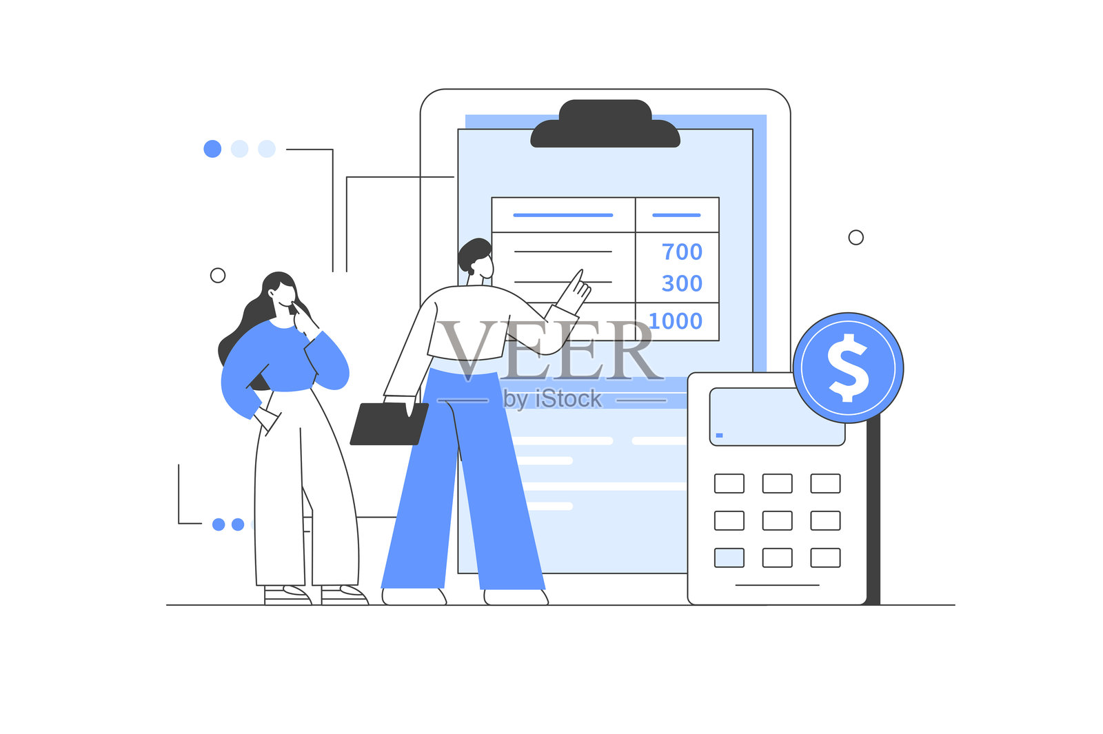 家庭收入。角色规划和记账预算及家庭开支。人们进行储蓄。财务管理概念。矢量插图，图标。时尚，简约。插画图片素材