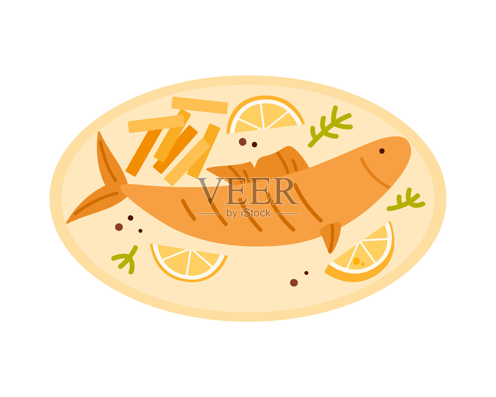 美味的烤鱼配新鲜柠檬和香草，摆放在盘子上插画图片素材