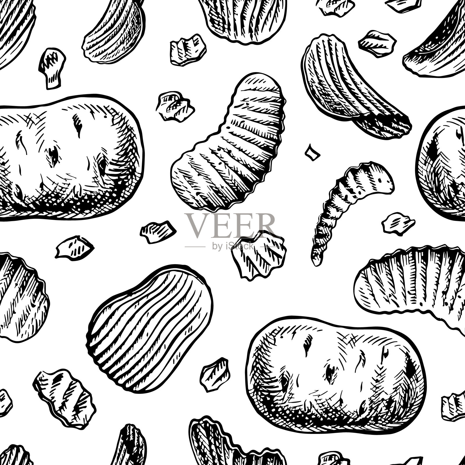 无缝薯片图案。矢量图形，包含平坦的波纹薯片和土豆块。手绘黑白插图。背景为白色。非常适合标签和包装。插画图片素材