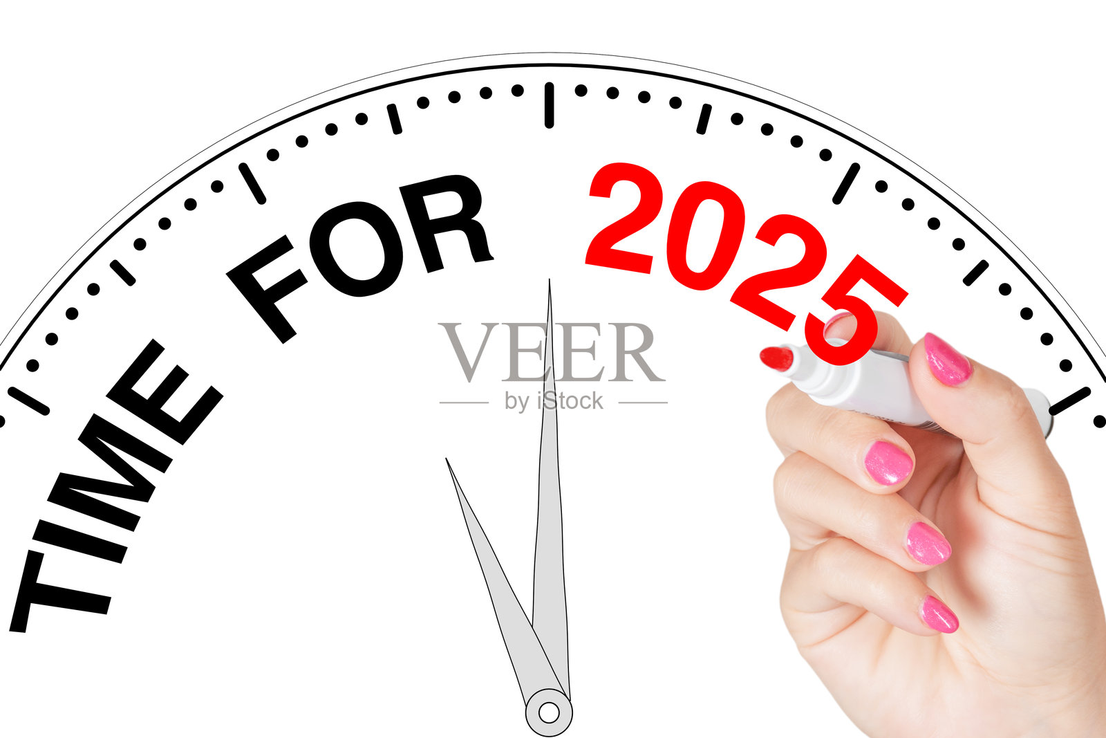 女性用红色马克笔在透明白板上书写2025年的信息。3D渲染。照片摄影图片