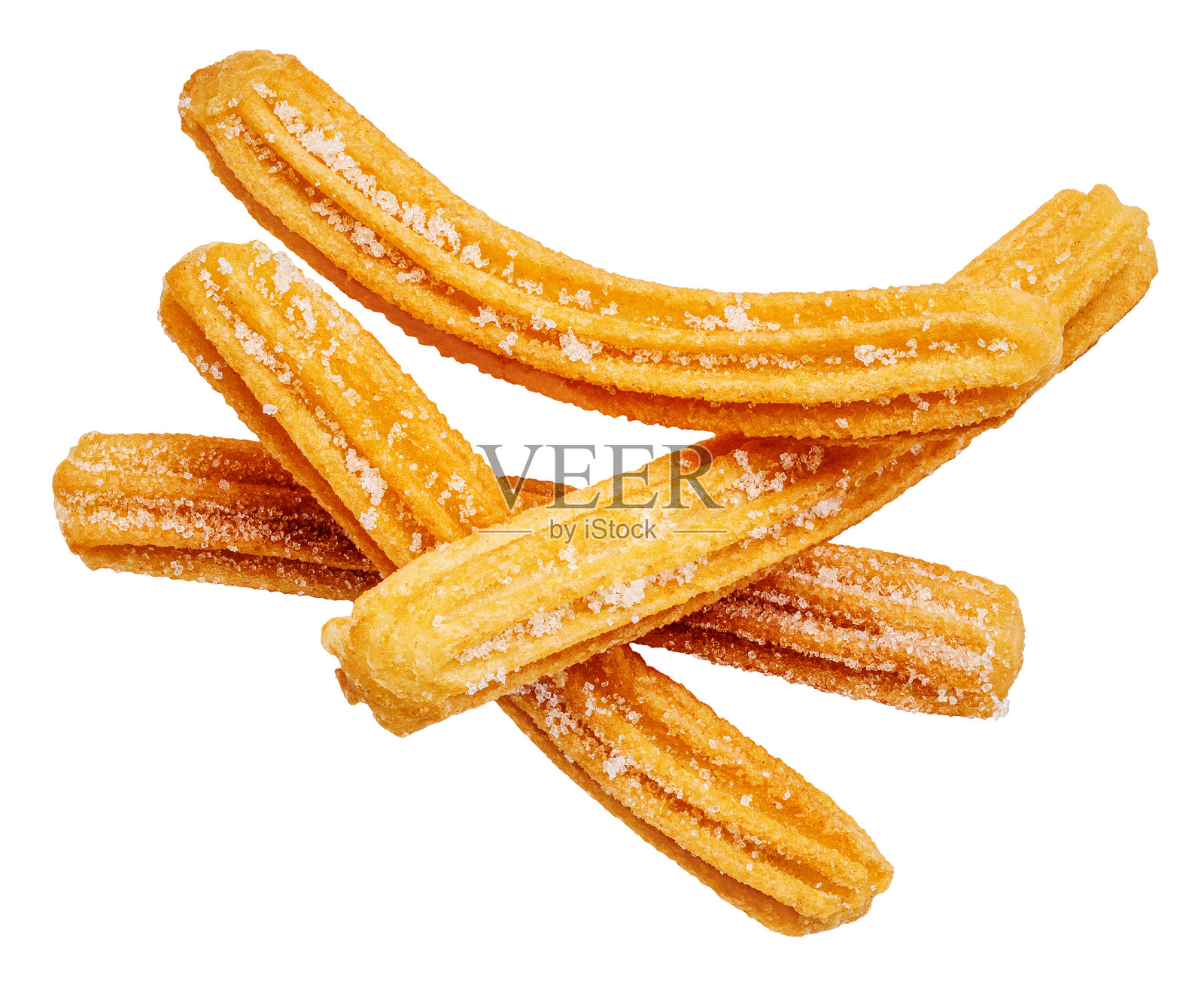 白色背景上的油条。飞舞的撒上糖粉的油条。传统西班牙甜点。俯视图。平铺展示。照片摄影图片