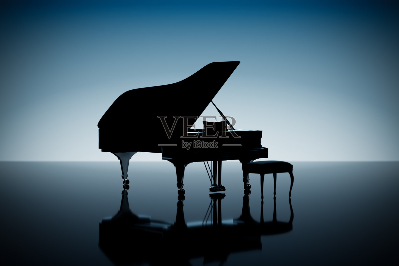 黑色大钢琴的轮廓，琴盖打开，旁边有一把凳子。3D渲染图照片摄影图片