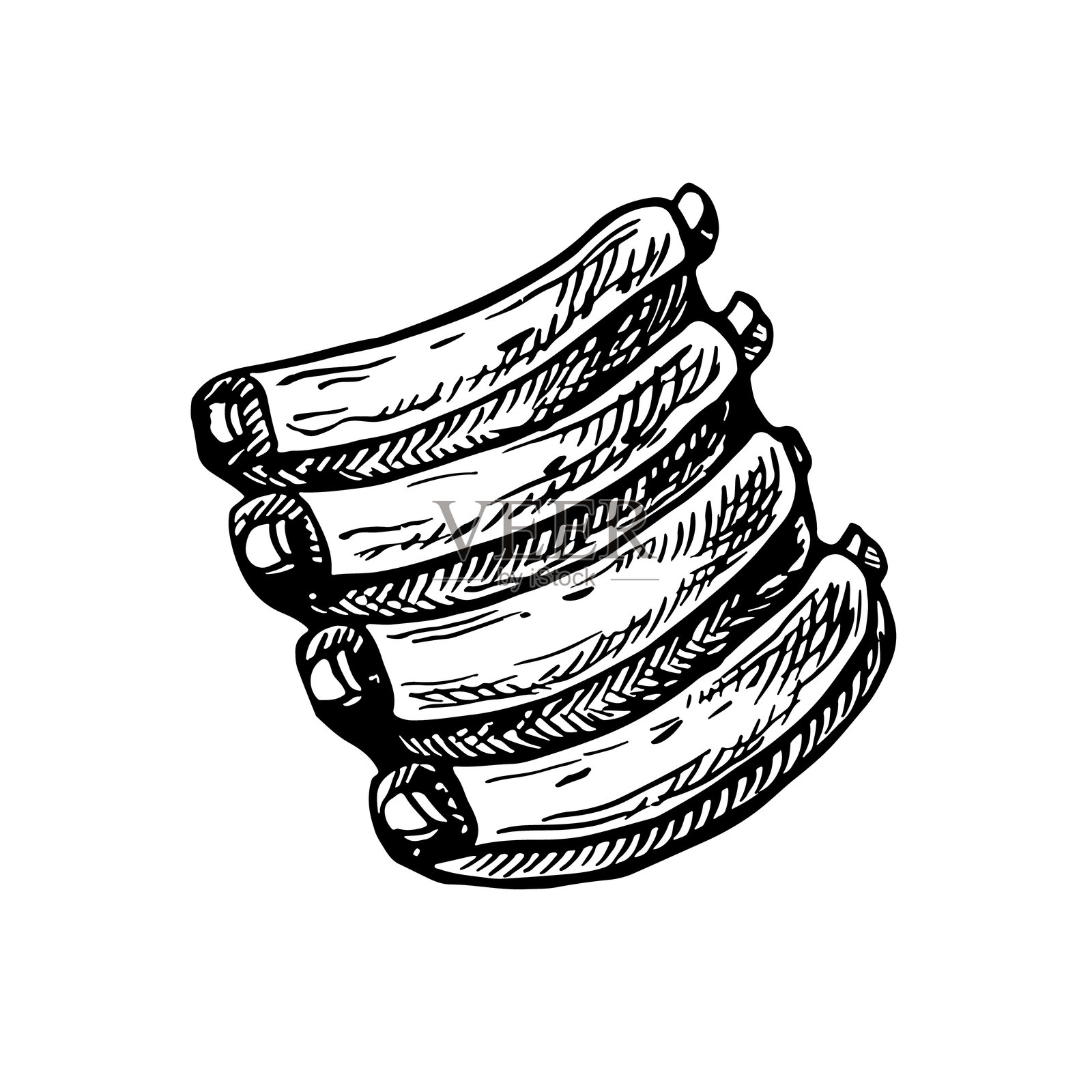 用于烹饪的肉肋骨。矢量图形描绘了带肋骨的烧烤肉嫩loin。手绘的黑白插图，适用于菜单、海报或标签。用于烹饪食谱。插画图片素材