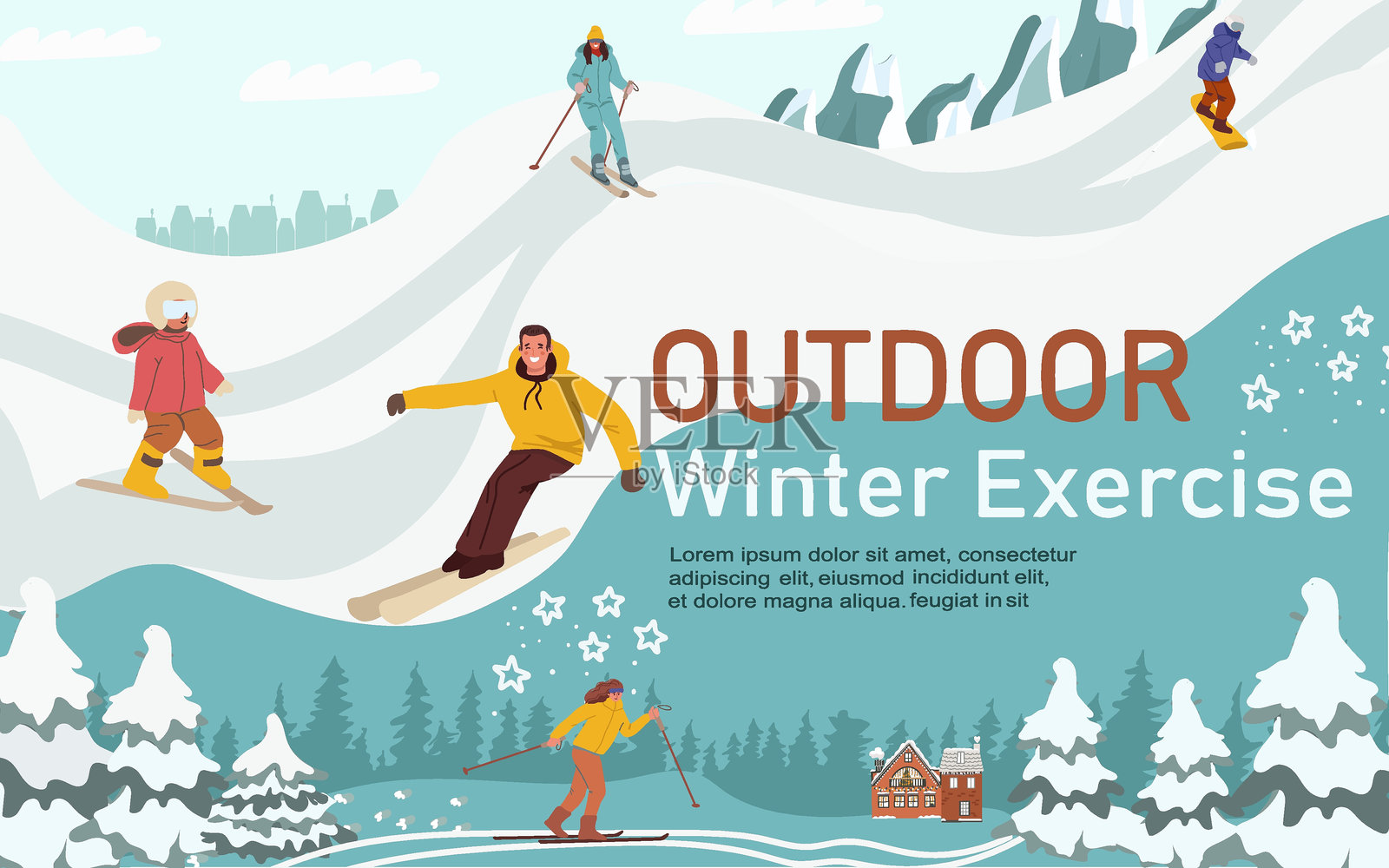 户外冬季运动拼贴画，活动，冬季休闲，家庭时光，冬季服装，度假村，传单，邀请函，促销，广告。手绘矢量插图。插画图片素材