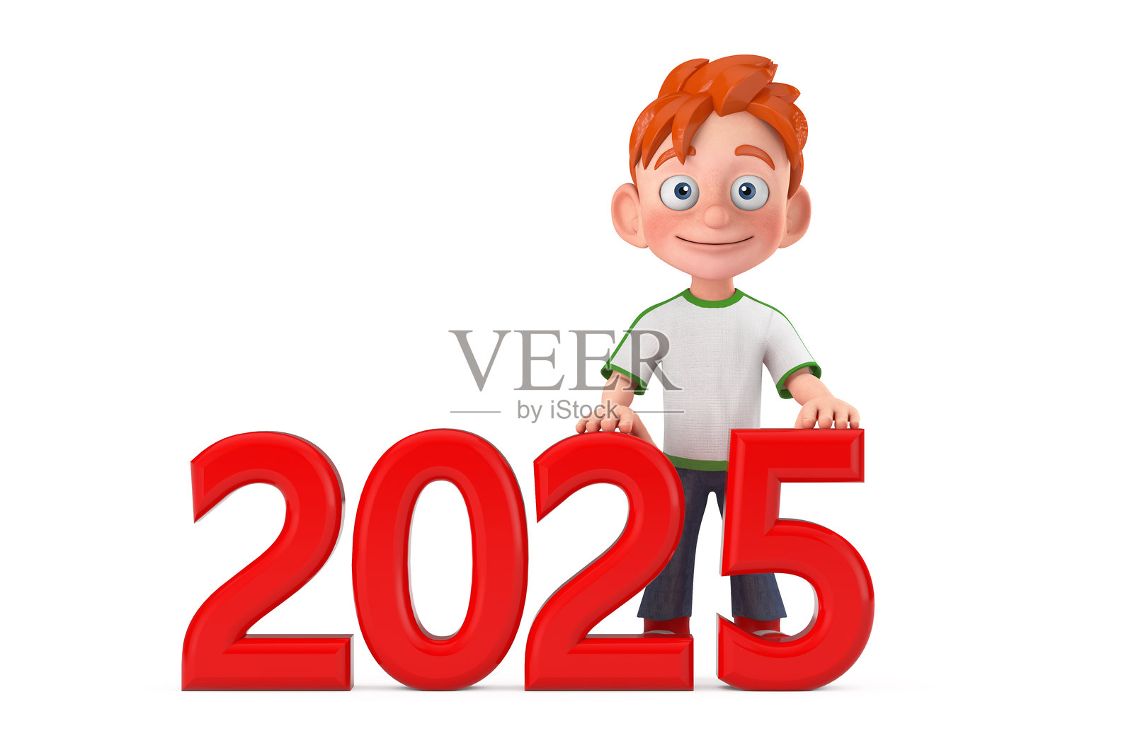 卡通小男孩青少年角色吉祥物，手持2025新年红色标志。3D渲染。照片摄影图片