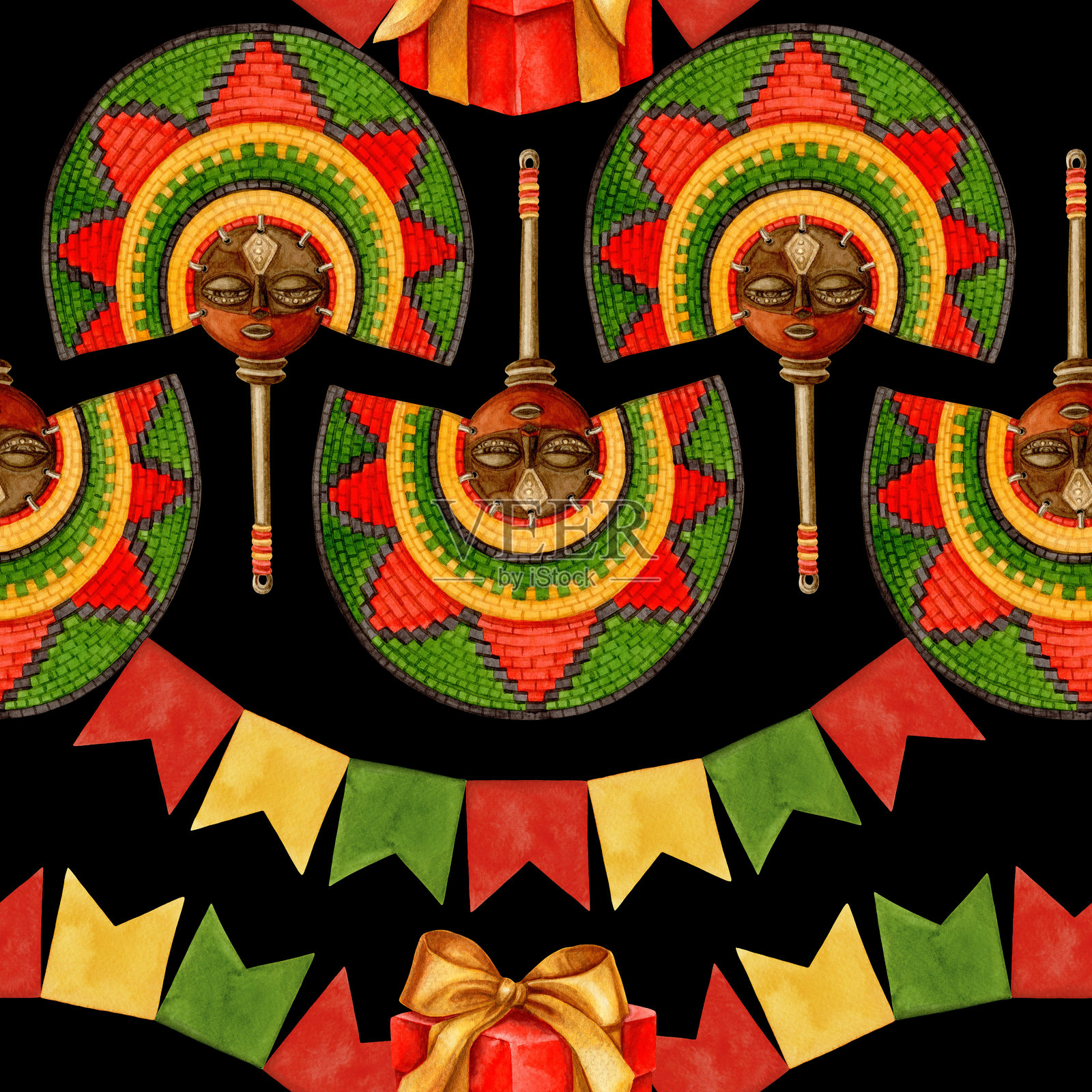 宽扎节无缝图案，包含弯曲的非洲扇子和纸质彩旗花环。手绘水彩节日插图，展示传统象征。适用于非裔美国人节庆设计的独立插图。照片摄影图片