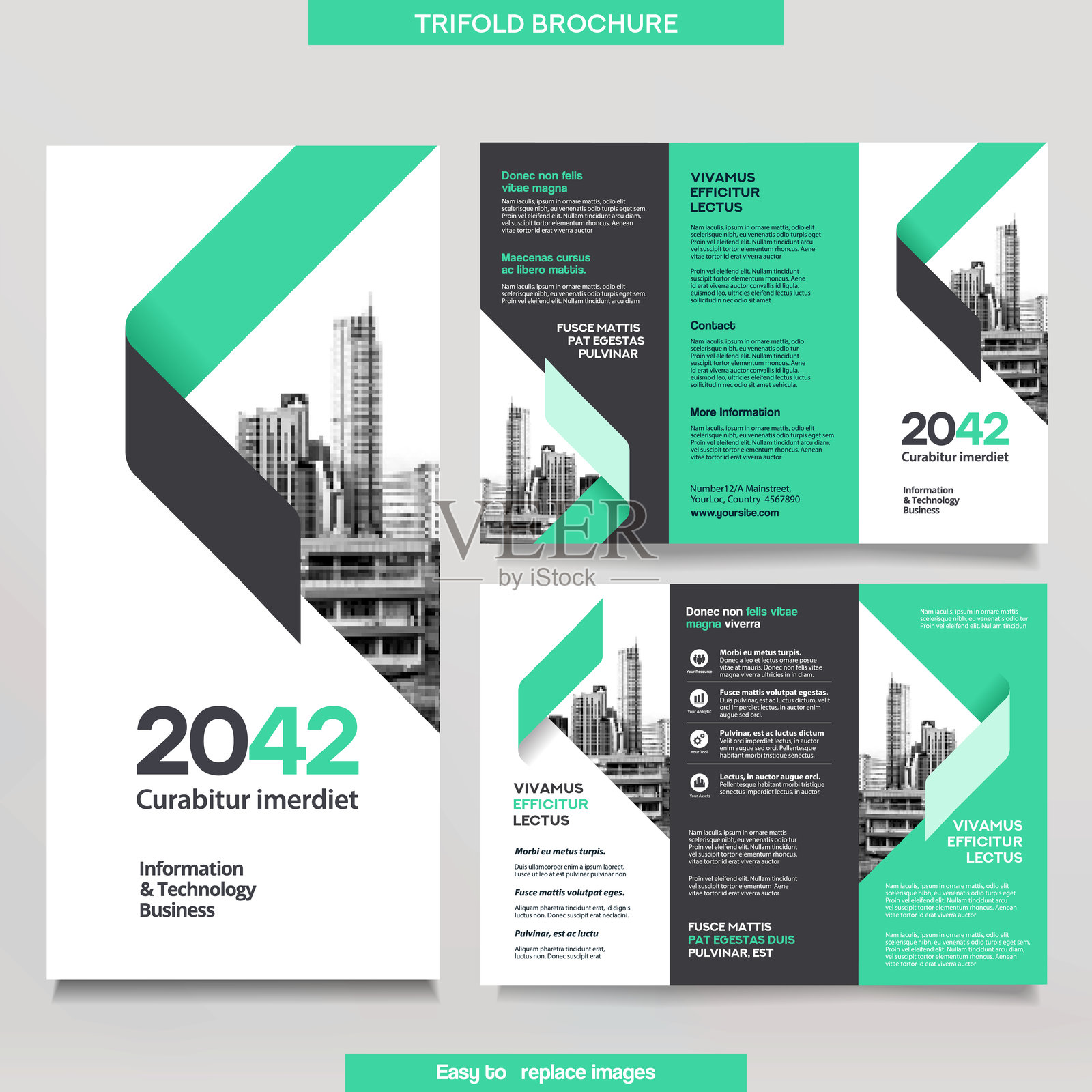 三折式企业宣传册模板。可更换图片的企业设计宣传单。插画图片素材