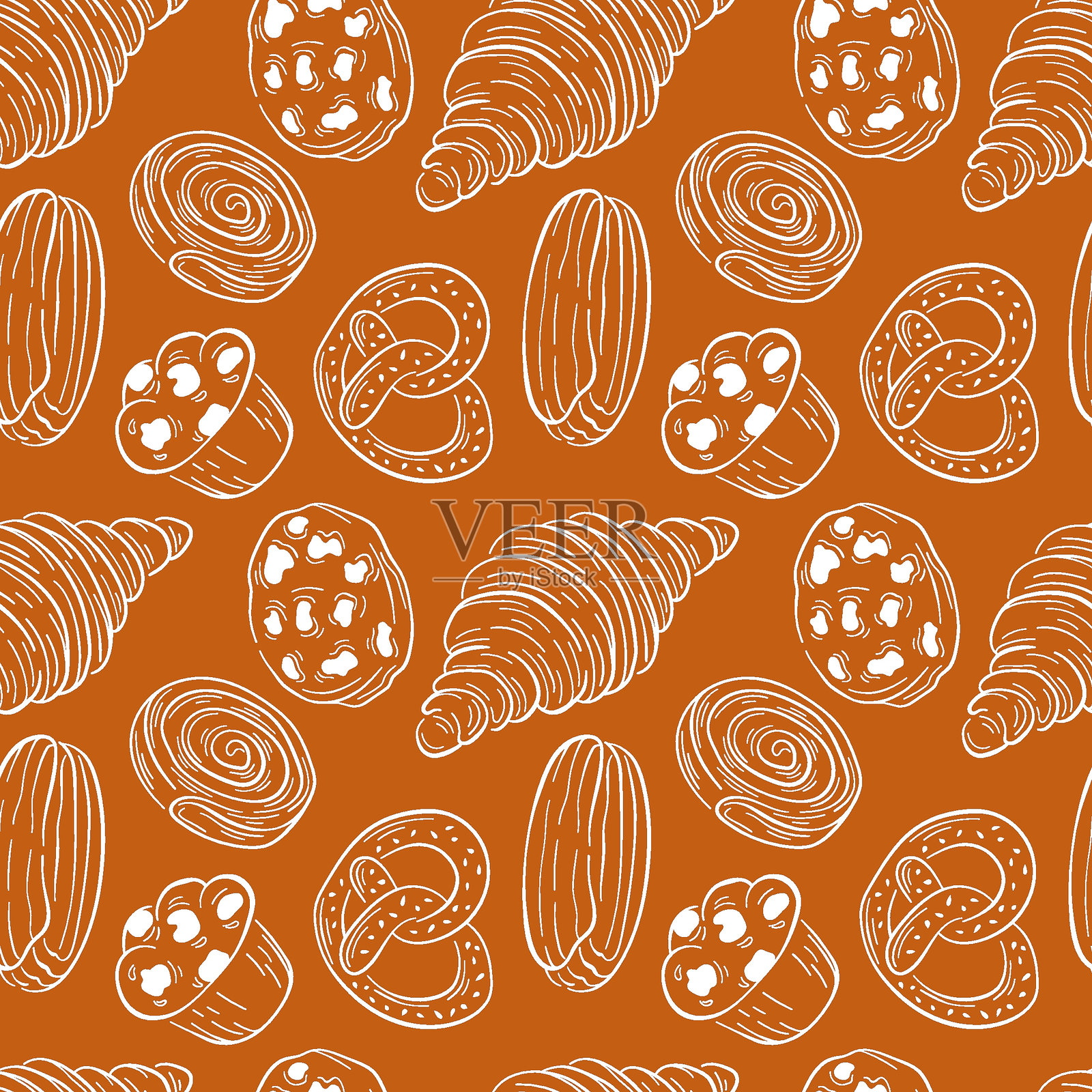 各种烘焙食品（如可颂、椒盐卷饼、松饼和糕点）的无缝图案，白色线条艺术设计，背景为温暖的棕色。非常适合食品包装、烘焙品牌和纺织品。插画图片素材