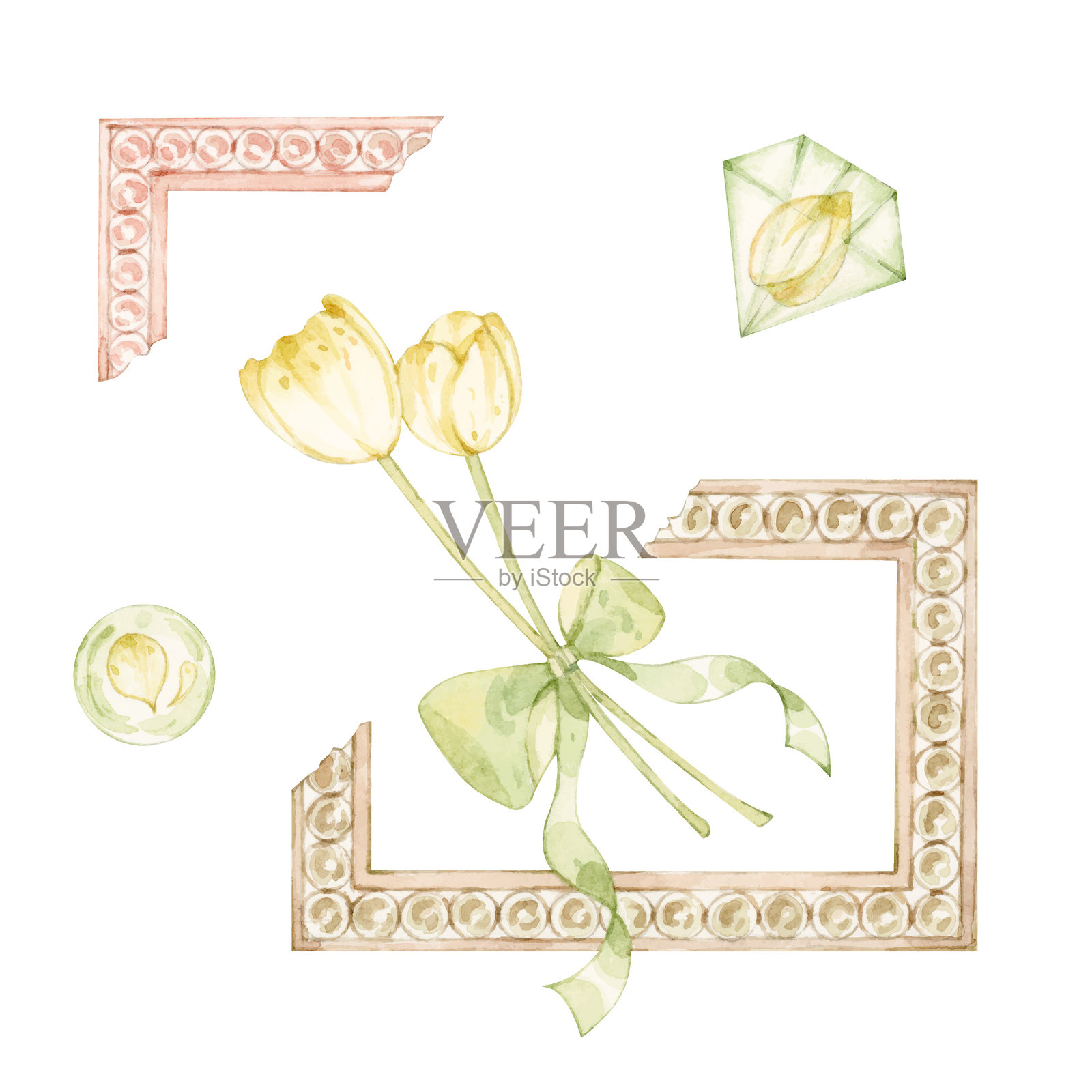 郁金香花框和钻石插画图片素材