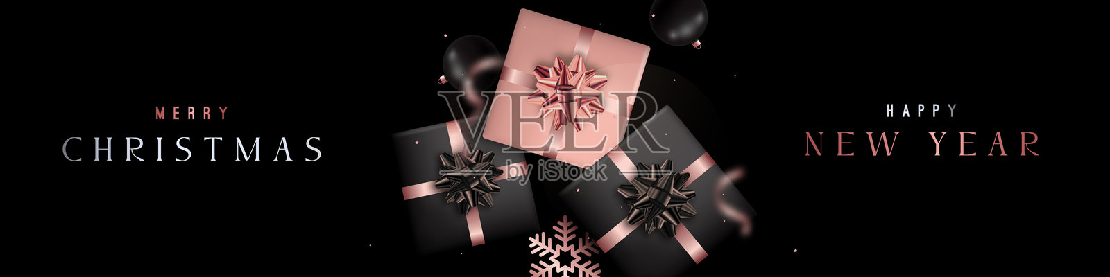 优雅的黑色圣诞横幅与玫瑰金礼物插画图片素材