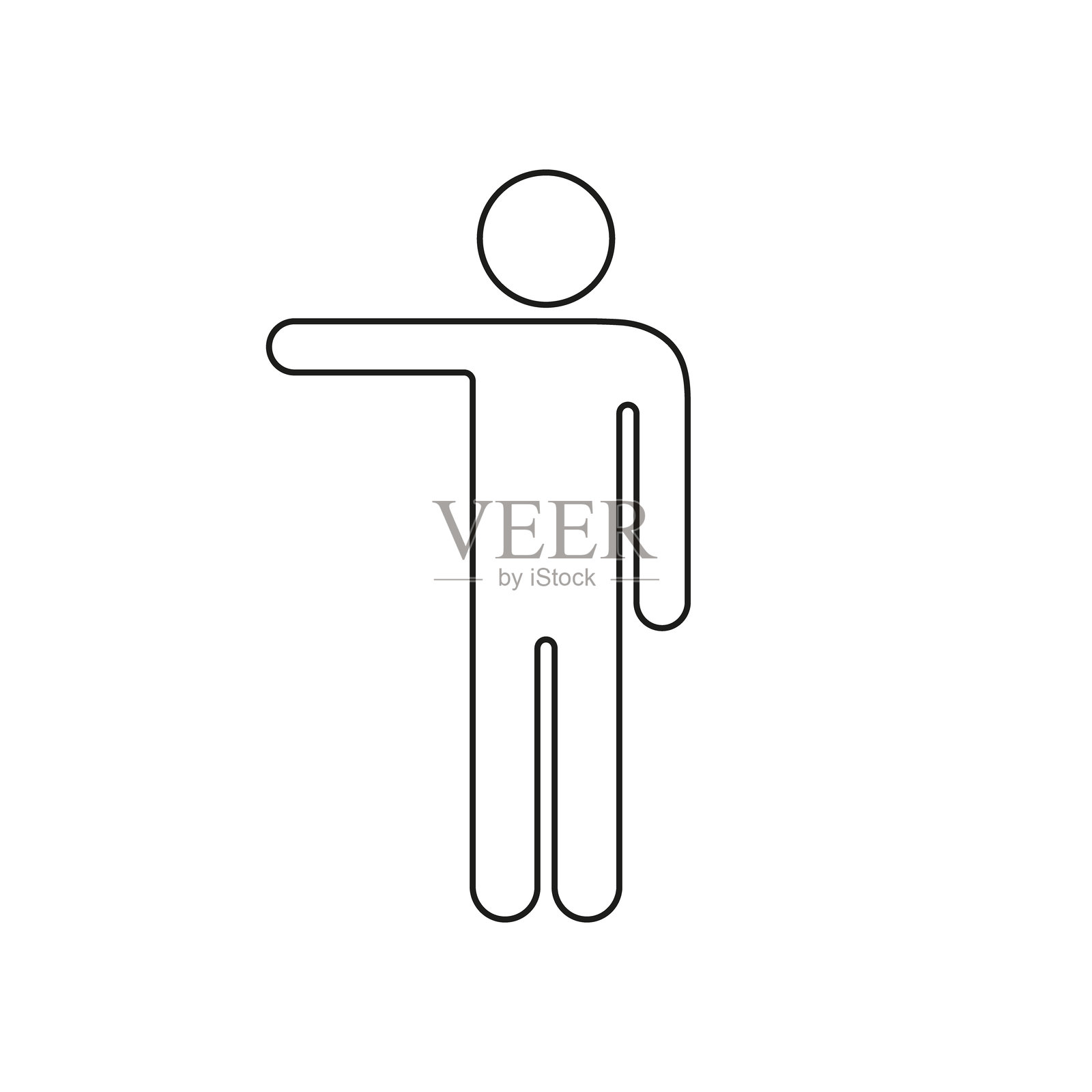 向左指的男人，手臂伸展线条图标。人体轮廓符号。可编辑的线条。孤立的矢量插图。插画图片素材