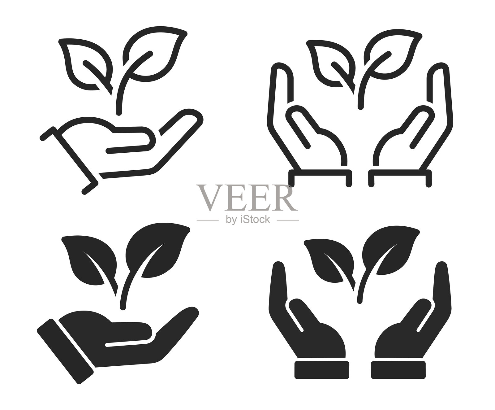 手握植物图标集。手握保险标志。叶子、幼苗、耕作、发芽、生长、树木、花园符号。手握植物的平面和线条风格 - 矢量图。插画图片素材