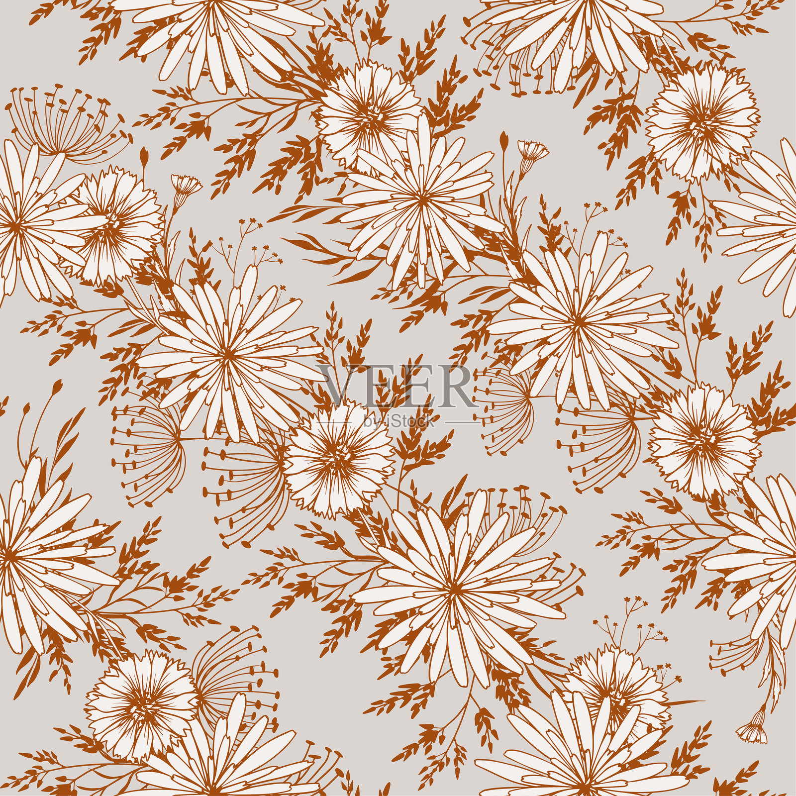 无缝图案，包含草地上的雏菊。手绘线条艺术插图。插画图片素材