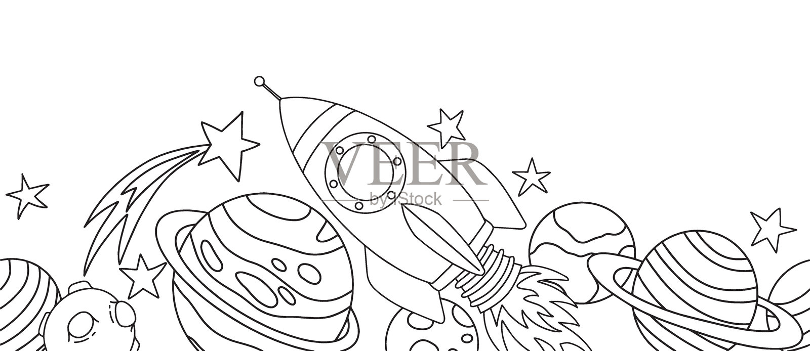 宇航员、行星和太空火箭的无缝边框矢量图。涂色书中的涂鸦风格。插画图片素材