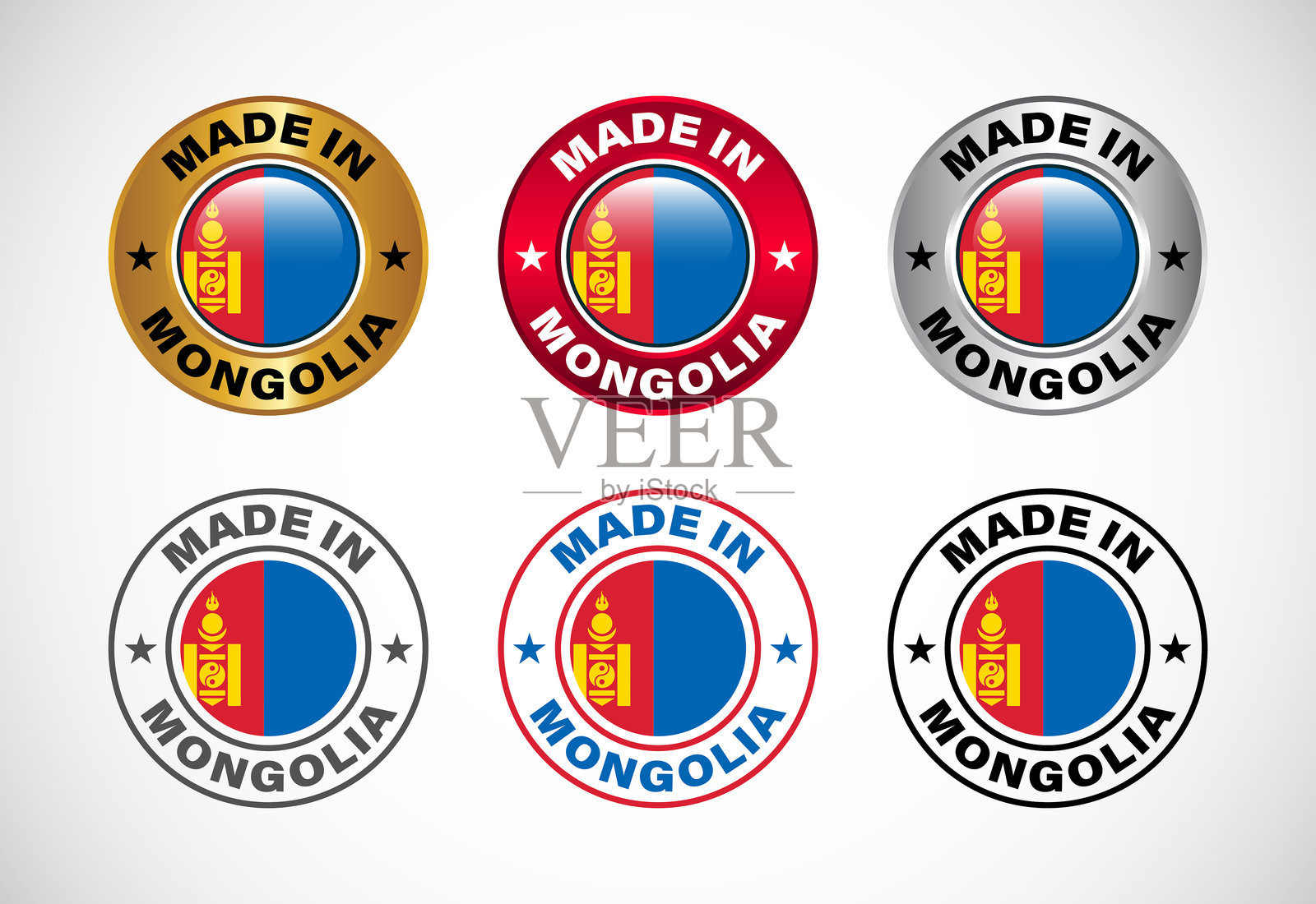 蒙古制造标签图标，带有国旗。适用于商业、徽章、印章、贴纸、标志和符号的图标集。插画图片素材