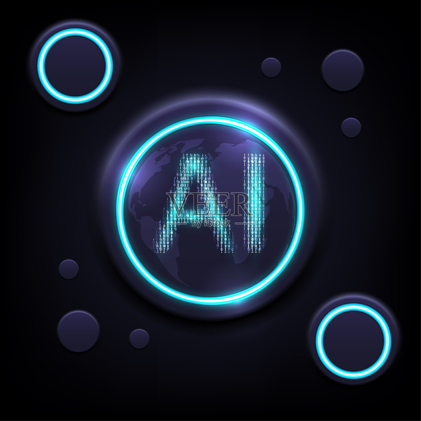 数字技术人工智能背景。环形电路按钮技术背景。用于人工智能芯片云通信计算机处理器量子设计。插画图片素材