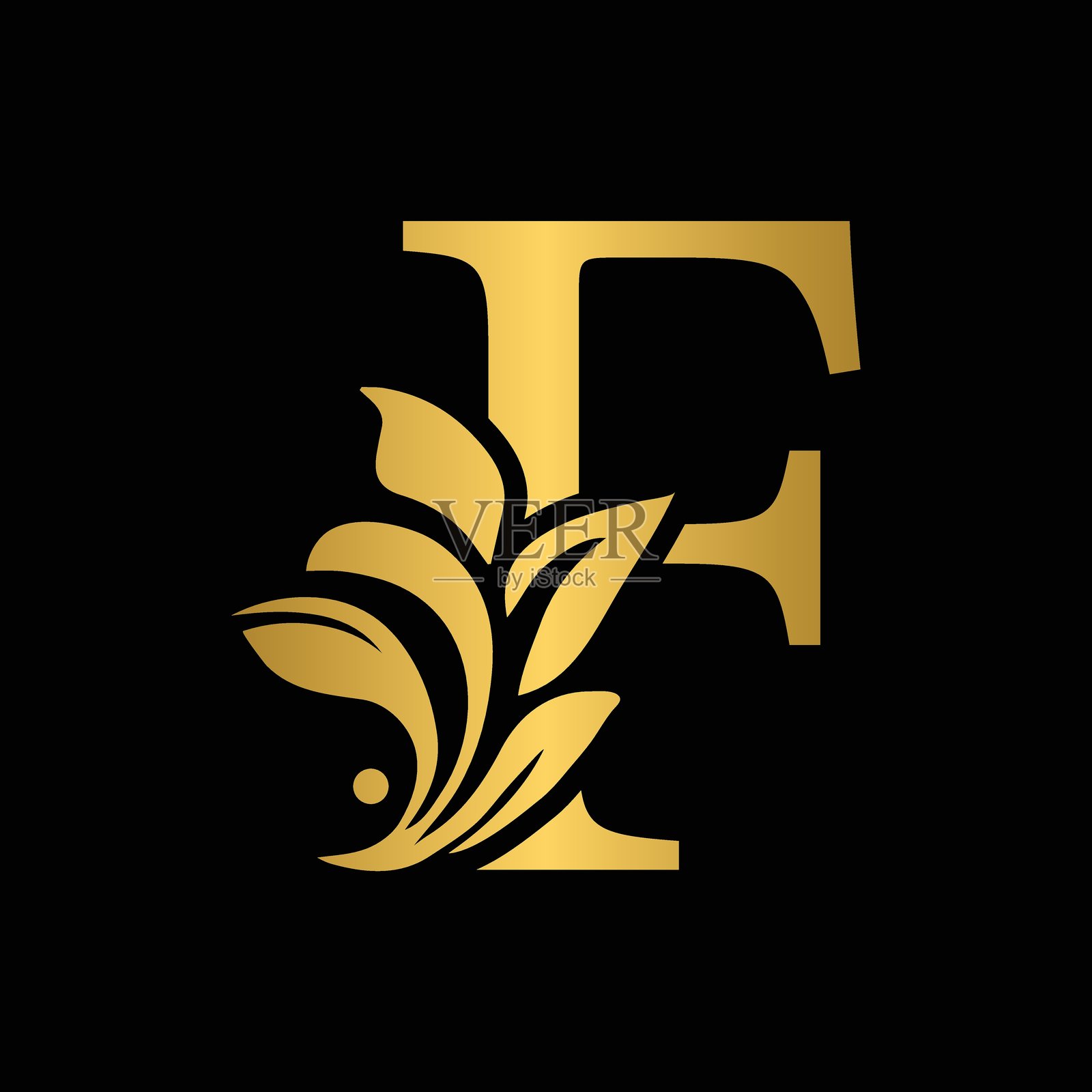 金色字母F。复古金色花卉装饰的首字母。插画图片素材