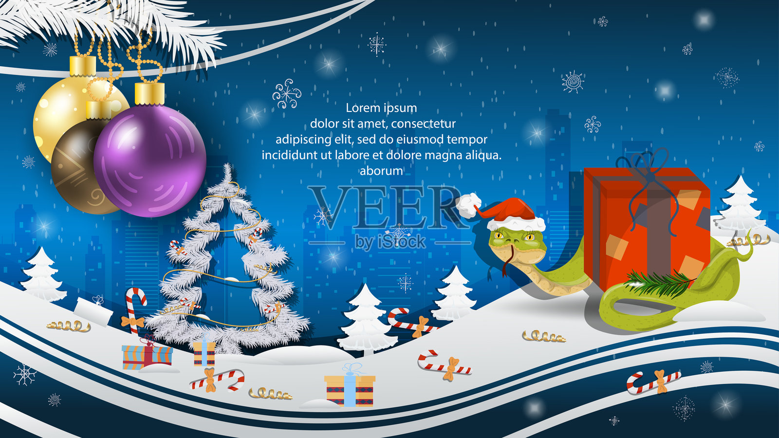 圣诞节和新年插图，圣诞树上的球饰，一条戴着圣诞老人帽子的蛇缠绕在礼品盒上。插画图片素材