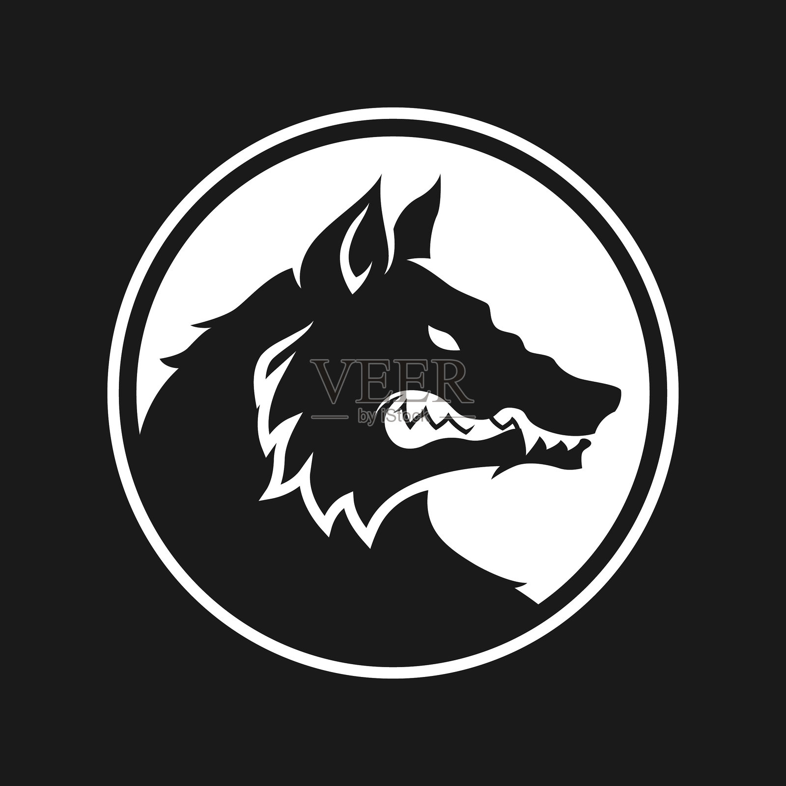 狼、狼人、狗头剪影 - 圆形切割的狼或狗图标，标志，贴纸，徽章，纹身插画图片素材