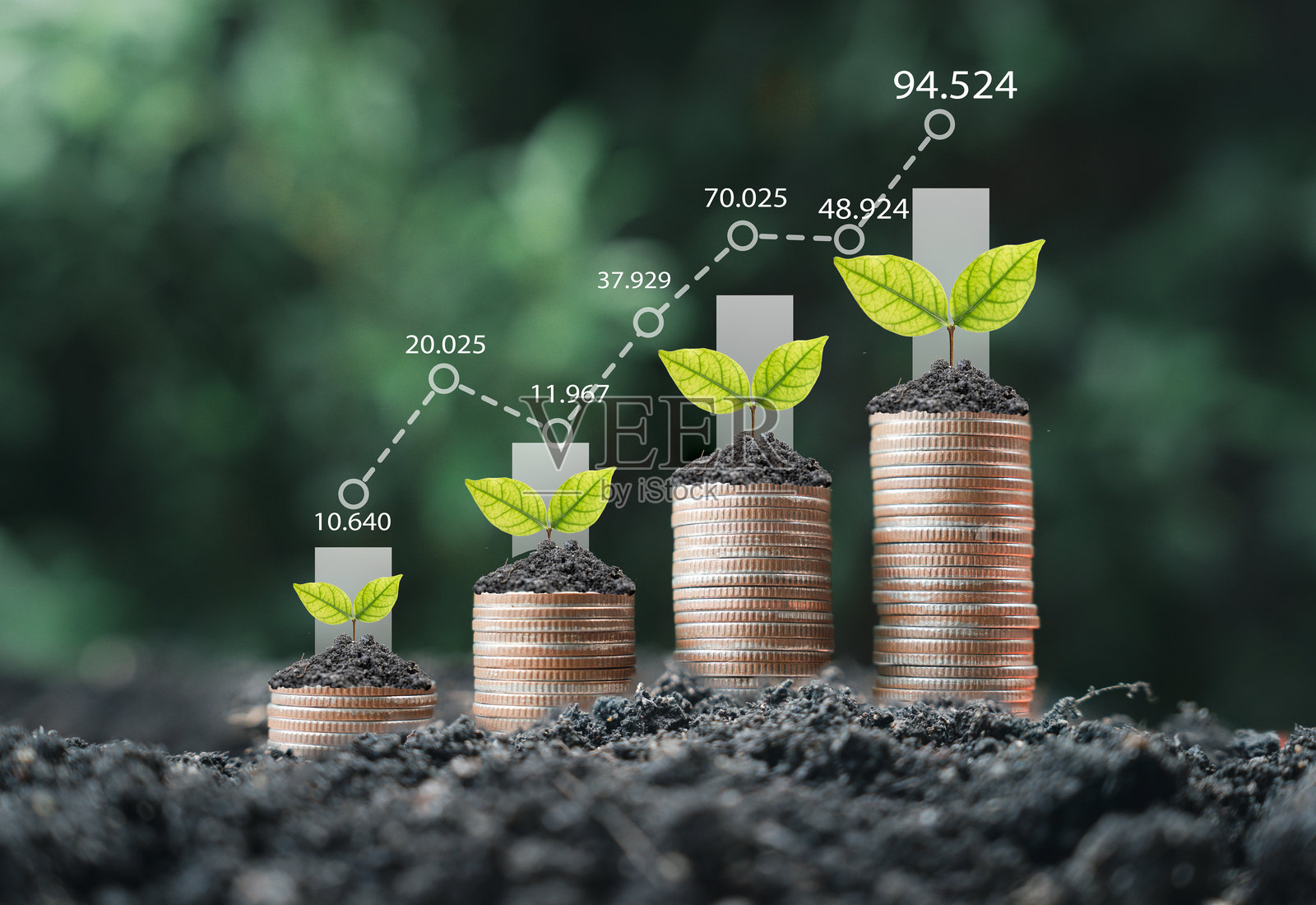树木生长在不断堆叠的硬币上，带有向上的箭头和百分比，象征着储蓄投资的红利和利润概念。照片摄影图片