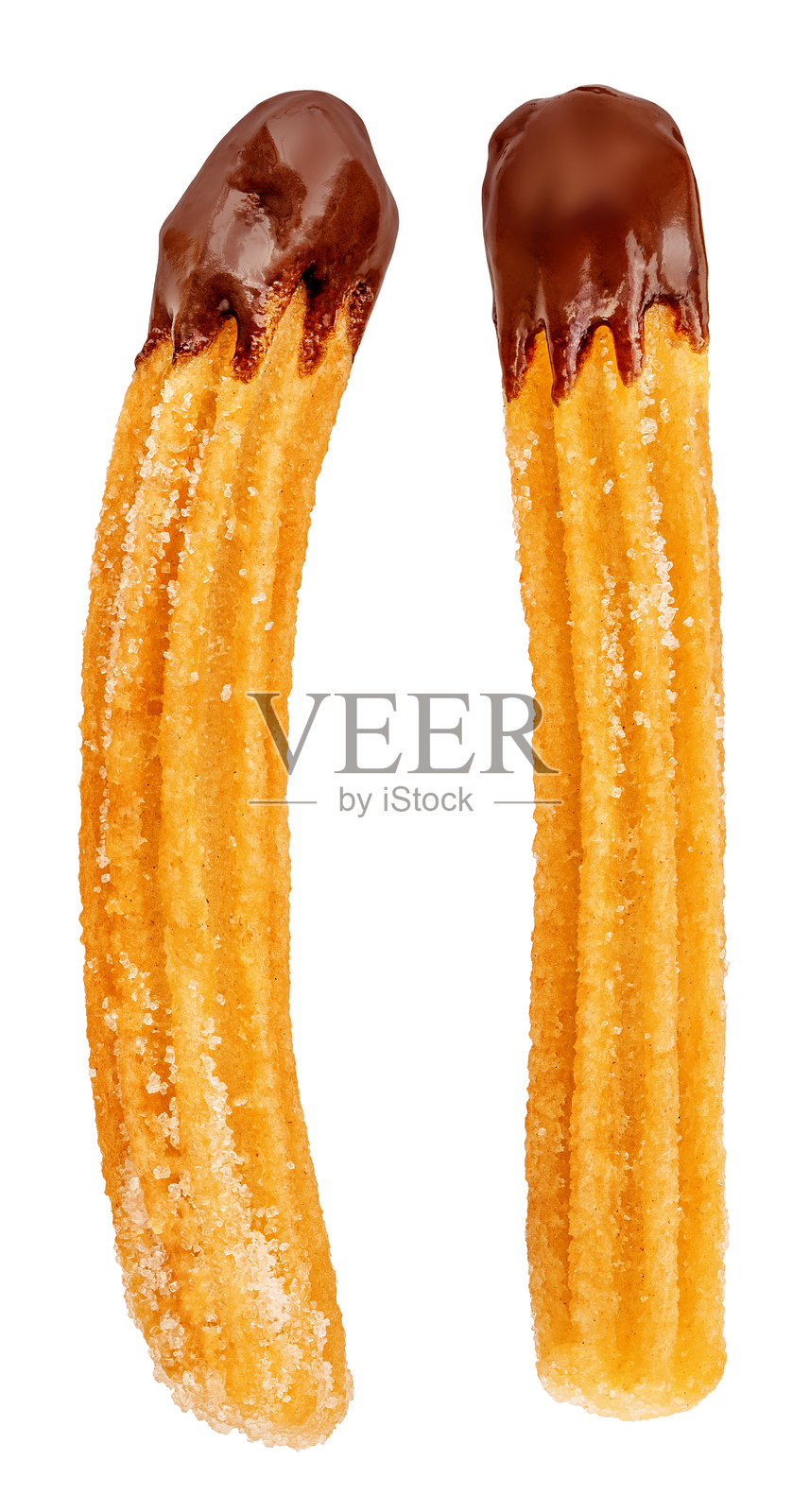 炸油条配巧克力酱，背景为白色。甜美的油条上浇有融化的巧克力，俯视图。平铺展示。照片摄影图片