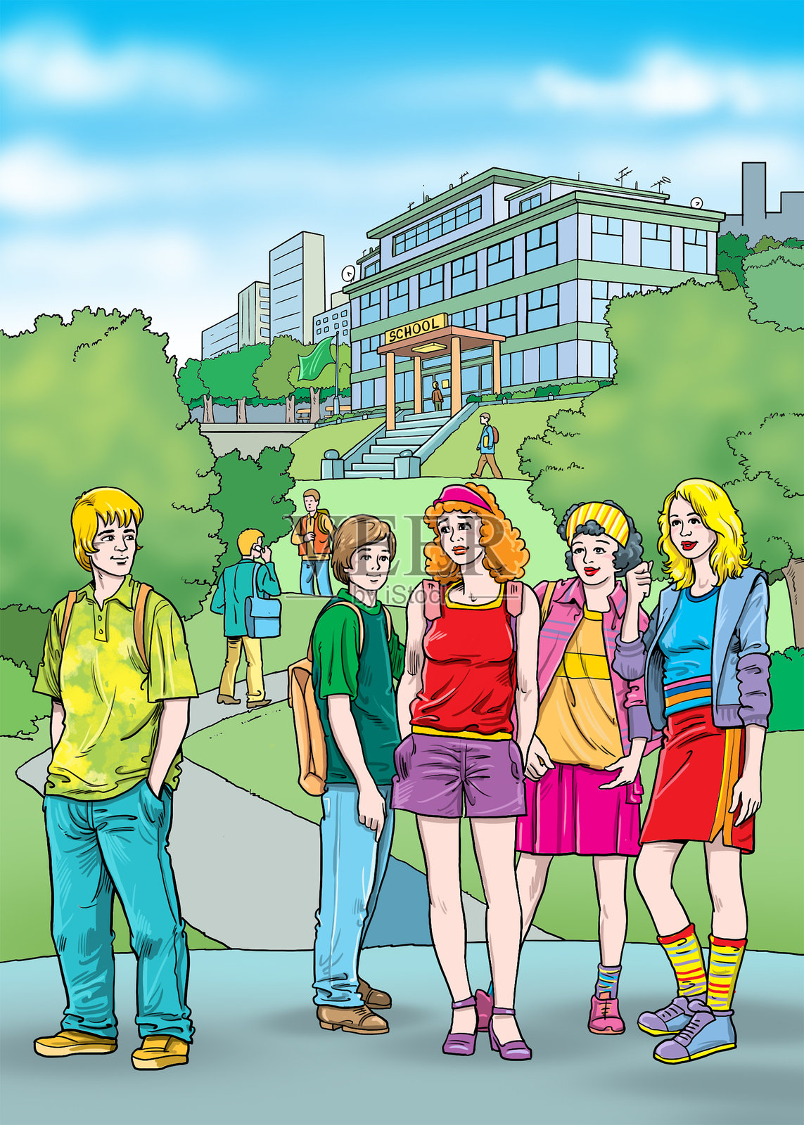 学生在学校前面插画图片素材