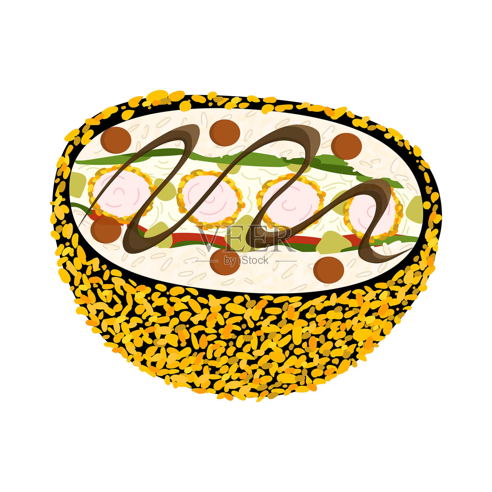 面包虾肉寿司汉堡，配洋葱、黄瓜、米饭、鳄梨和裹面包屑的奶油奶酪，淋上酱汁，背景为白色。手绘扁平风格插图。插画图片素材