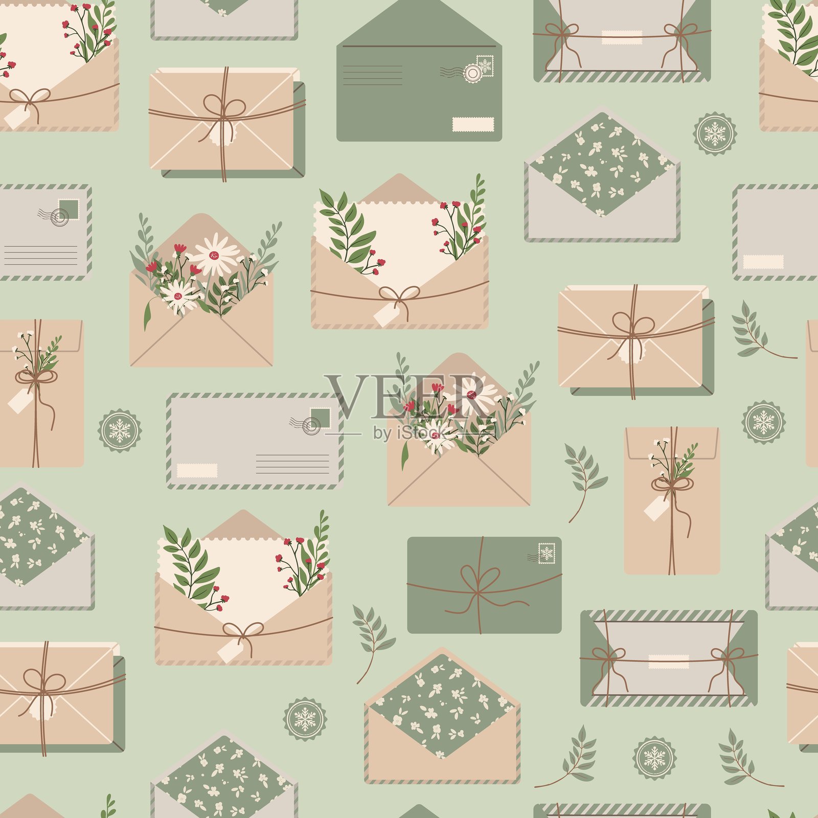 邮件信封信件无缝图案。明信片工艺纸信件和邮件信封。插画图片素材
