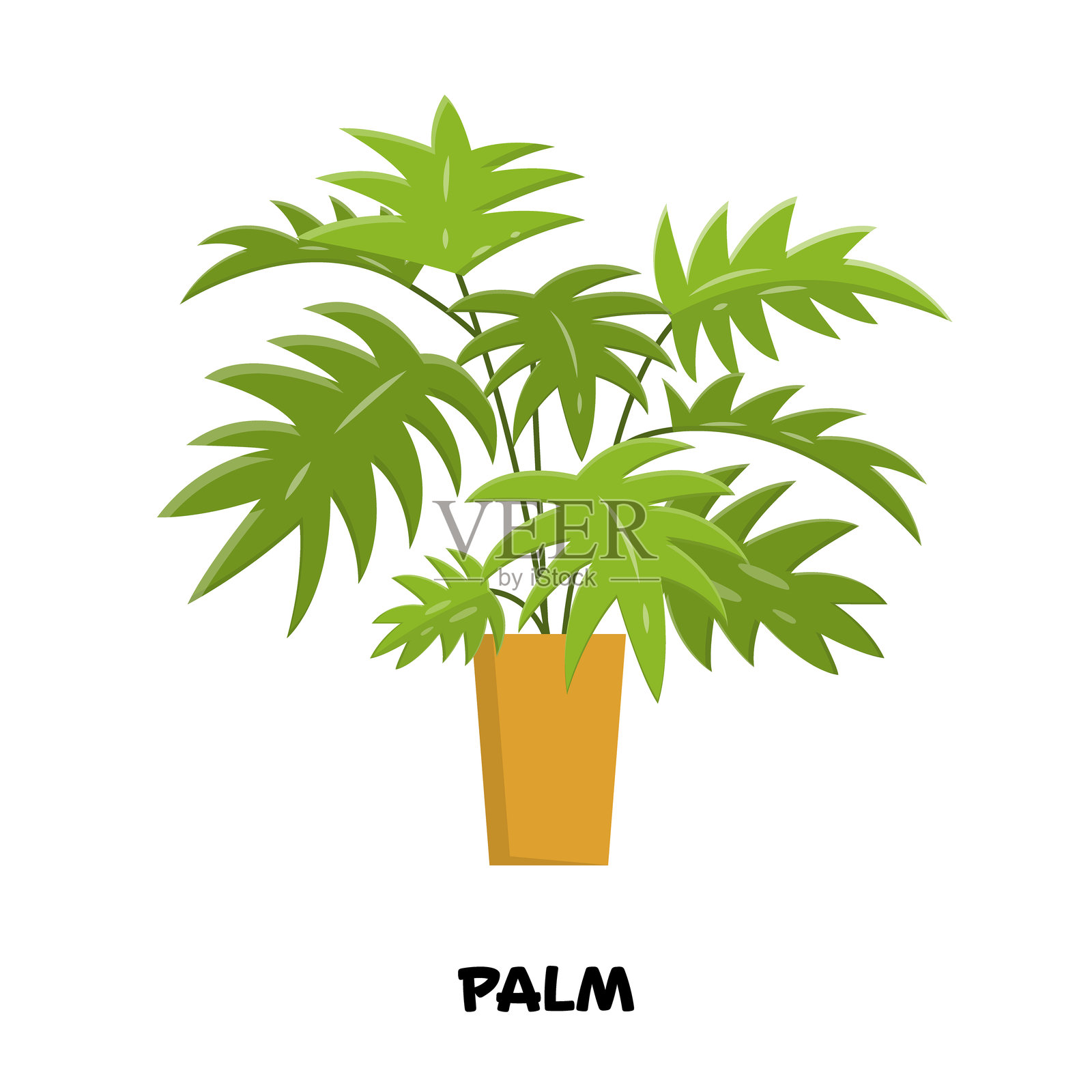 明亮的家居花卉矢量插图，橙色花盆中的棕榈，贴纸对象。插画图片素材